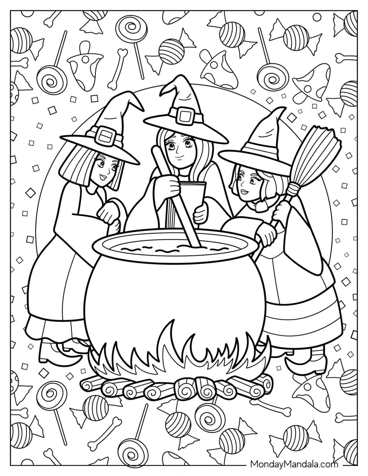 Three Anime Witch Coloring Page Surrounding A Cauldron coloring page