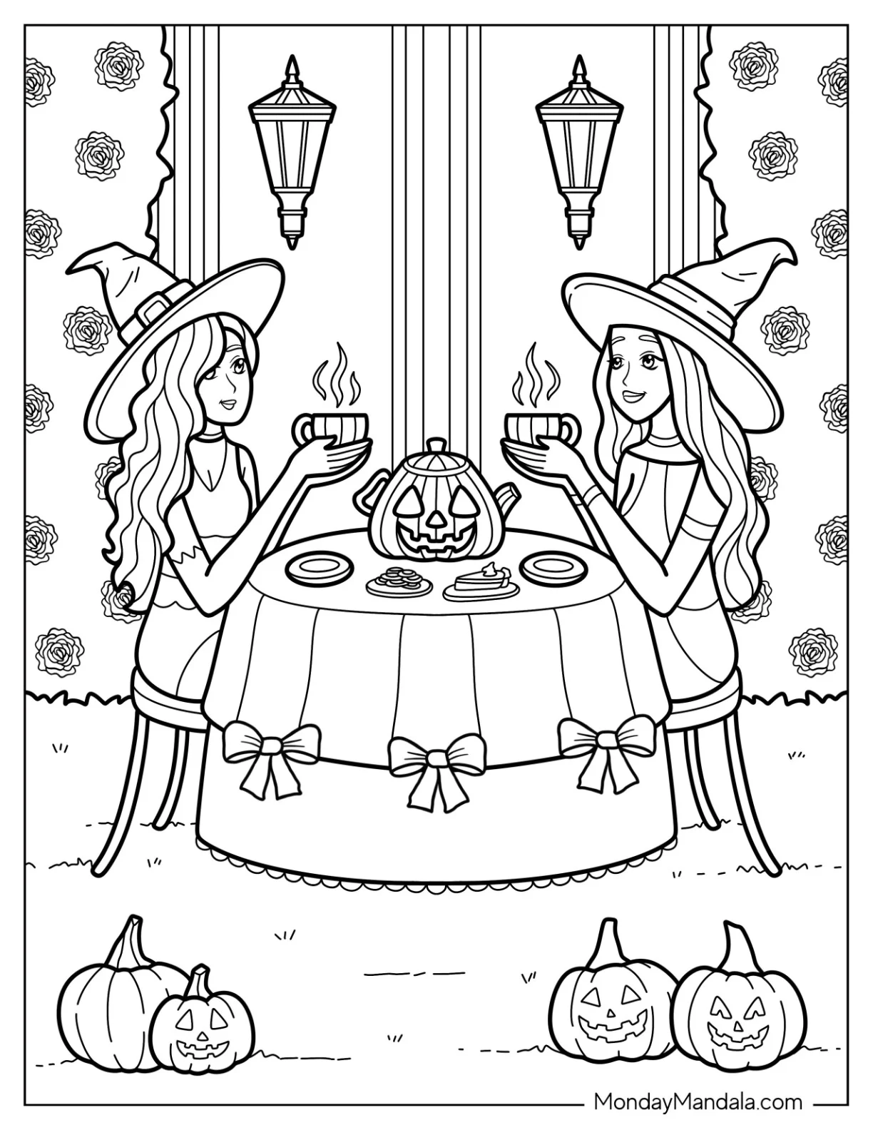 Two Beautiful Witch Coloring Page Having Tea On Halloween coloring page — printable line art