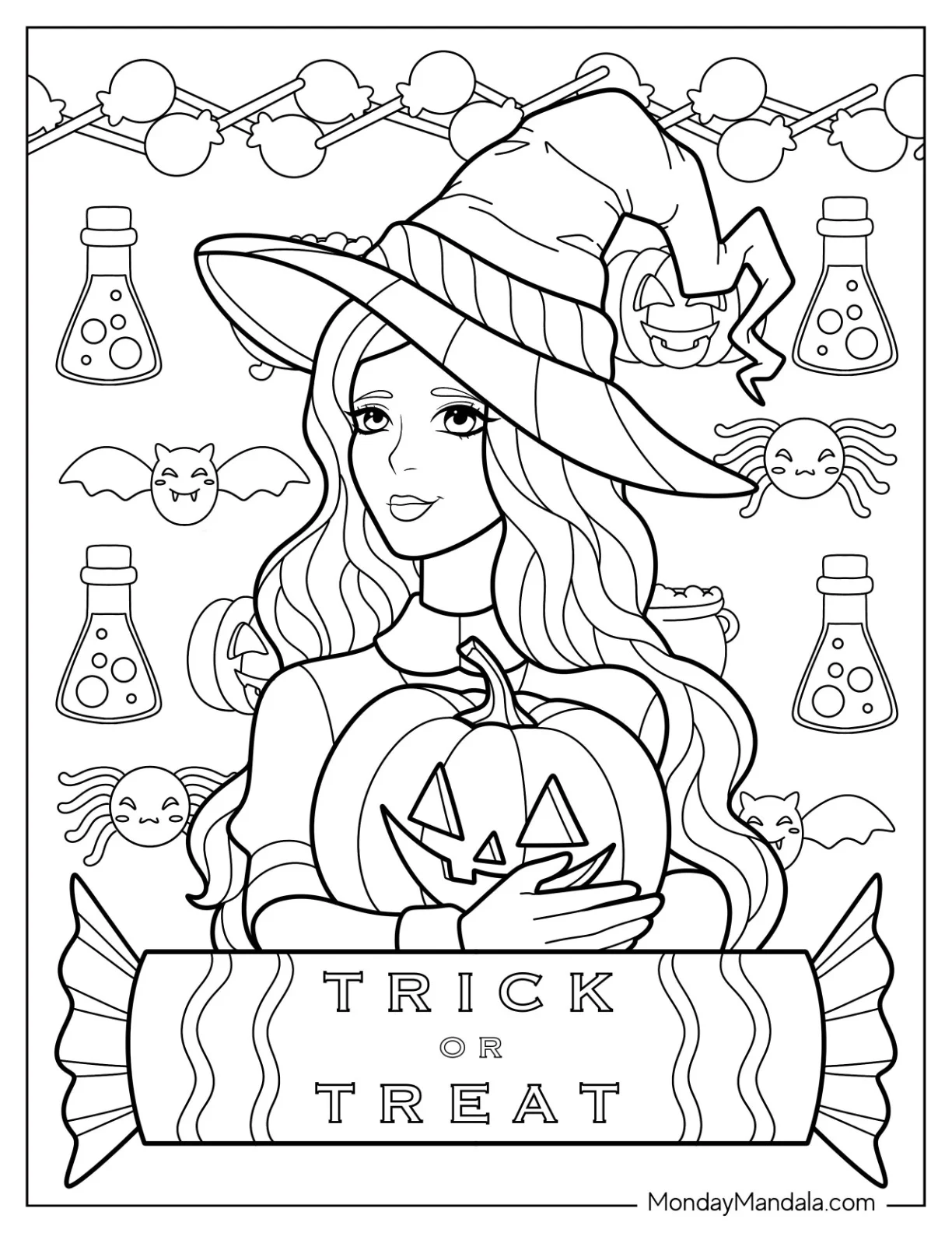 Witch Coloring Page Hugging A Jack O Lantern coloring page — printable line art
