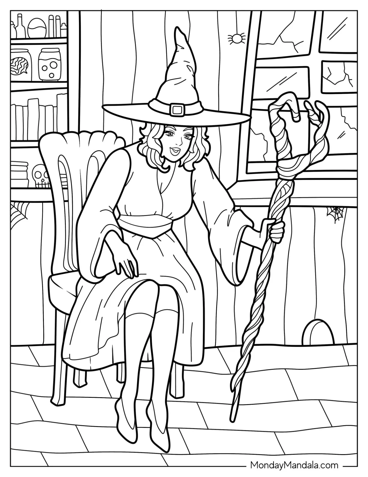 Witch Coloring Page In A Long Dress Lounging In Her Cottage coloring page