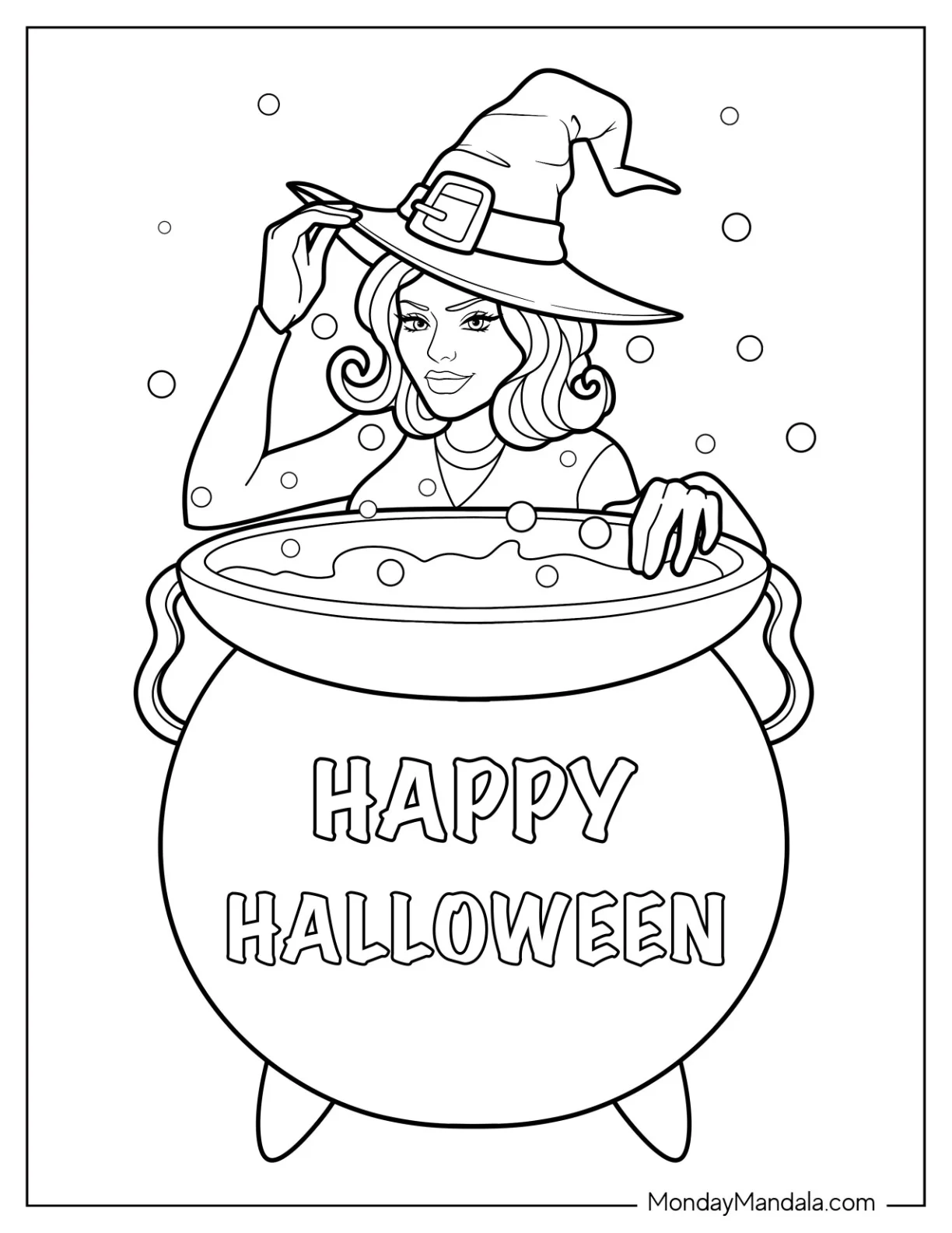 Witch Coloring Page Standing Behind A Boiling Cauldron coloring page — printable line art