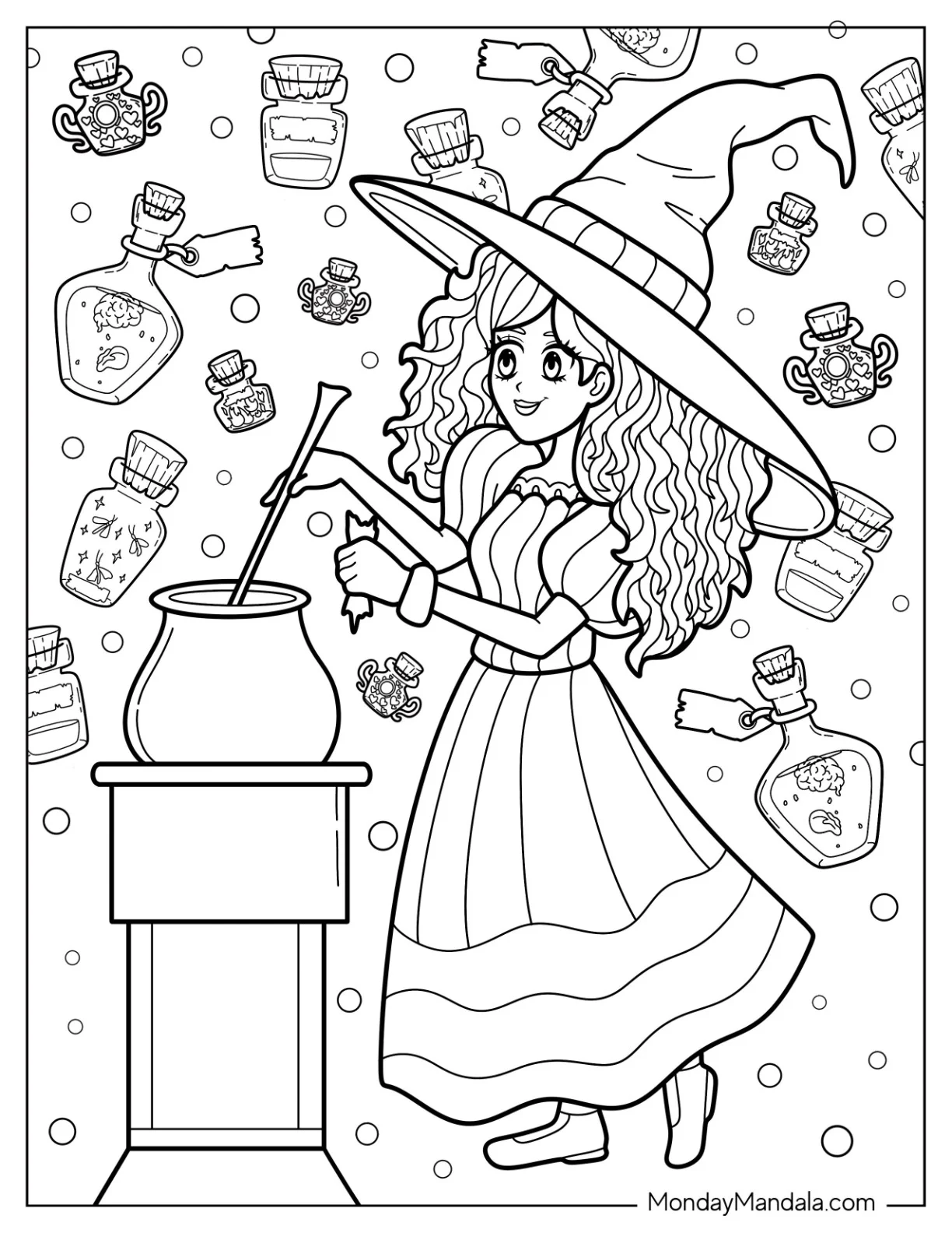 Witch Coloring Page Stirring Cauldron For Kids coloring page