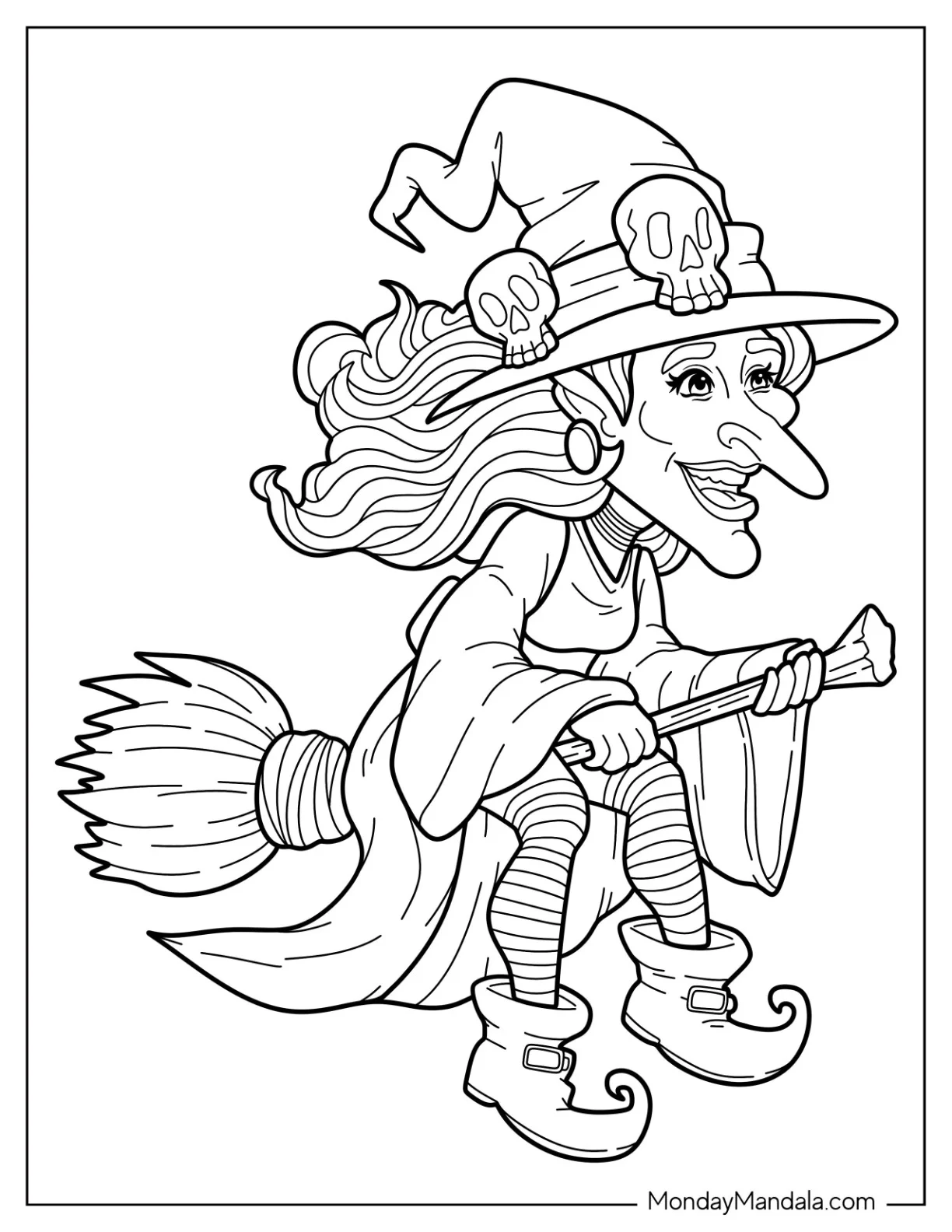 Witch Coloring Page With Pointed Nose And Chin Riding A Broomstick For Kids coloring page — printable line art