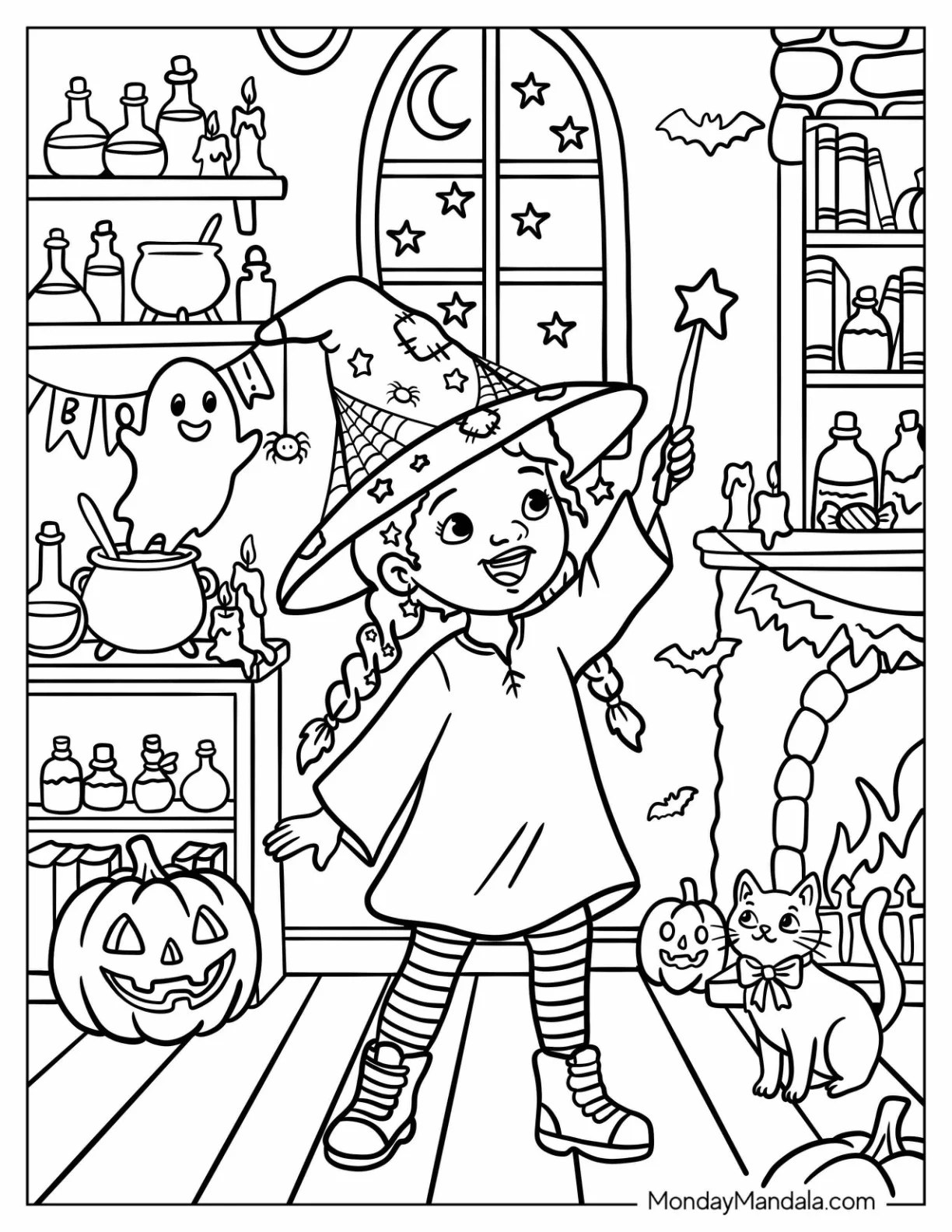 Witch in Pigtails Waving a Magic Wand Coloring Page coloring page — printable line art
