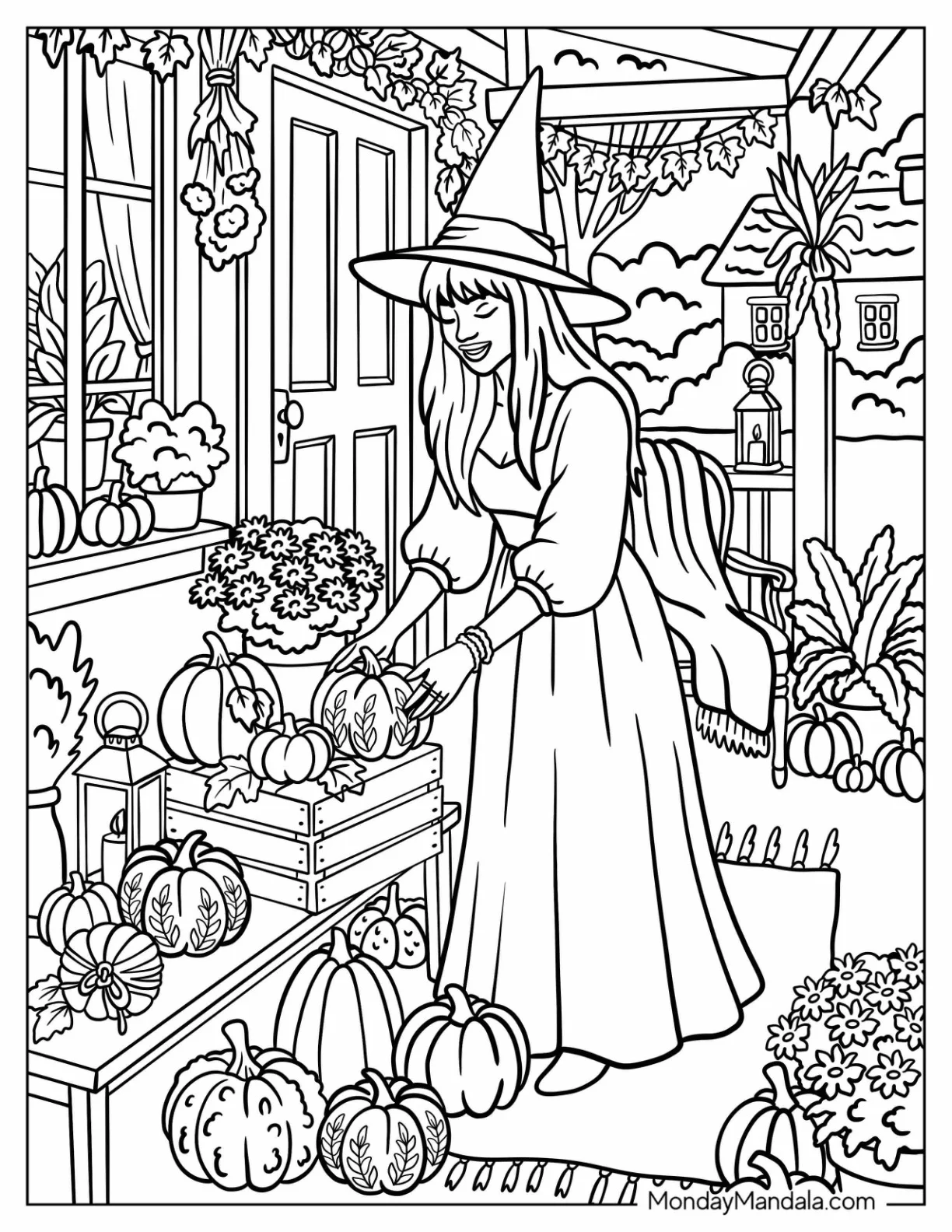 Witch in Pretty Dress Decorating Her Porch with Pumpkins Coloring Sheet coloring page — printable line art