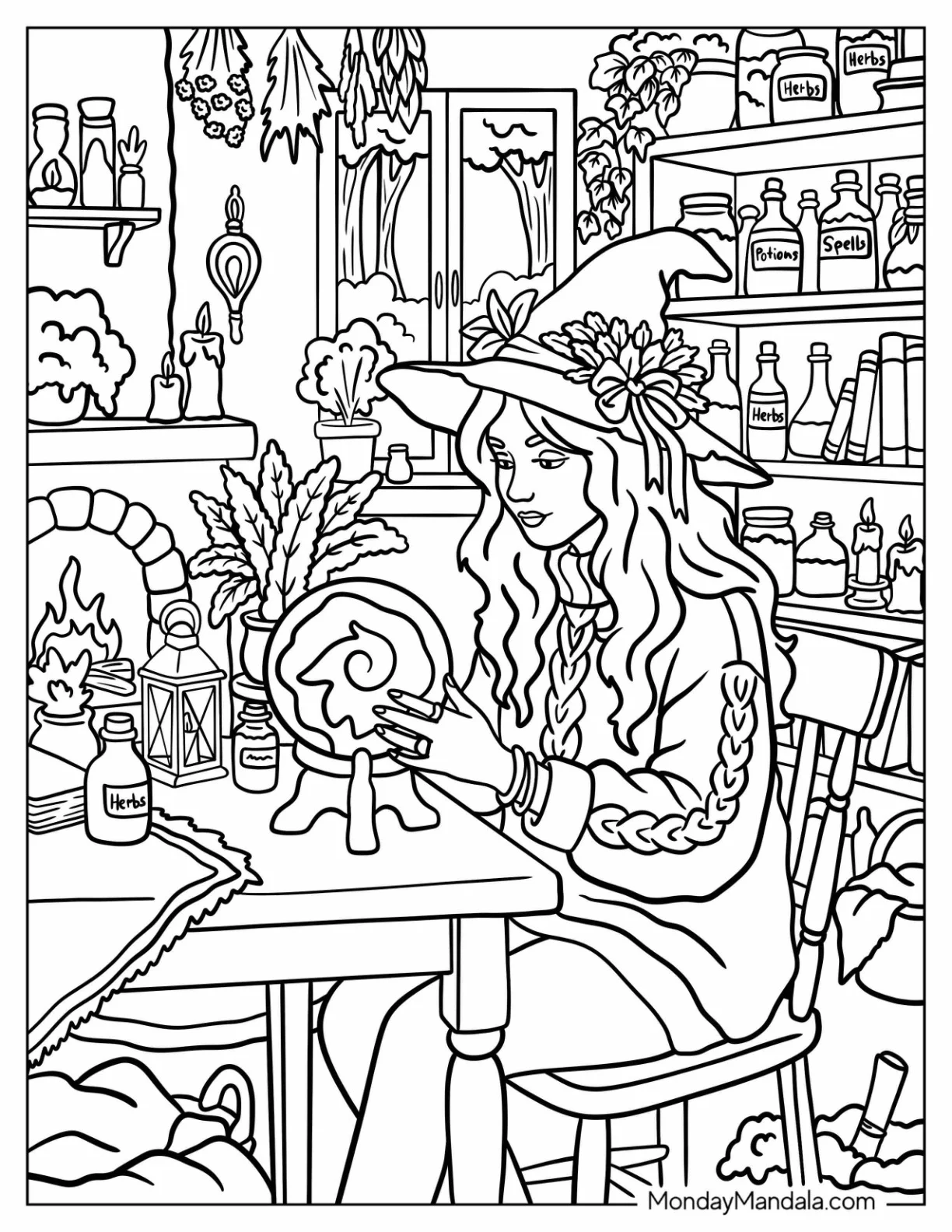 Witch Reading a Crystal Ball Coloring Page coloring page