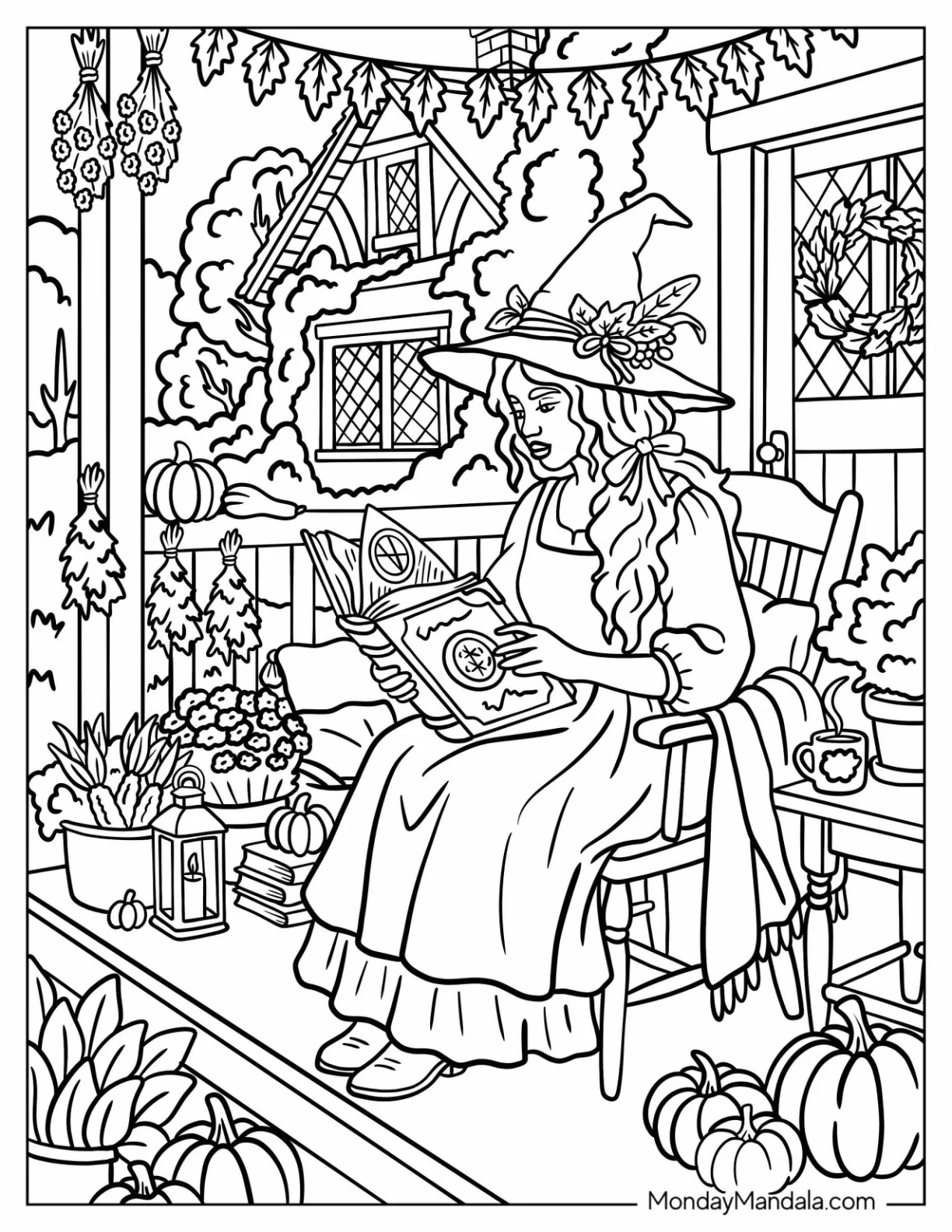 Witch Reading a Spell Book on Her Front Porch coloring page