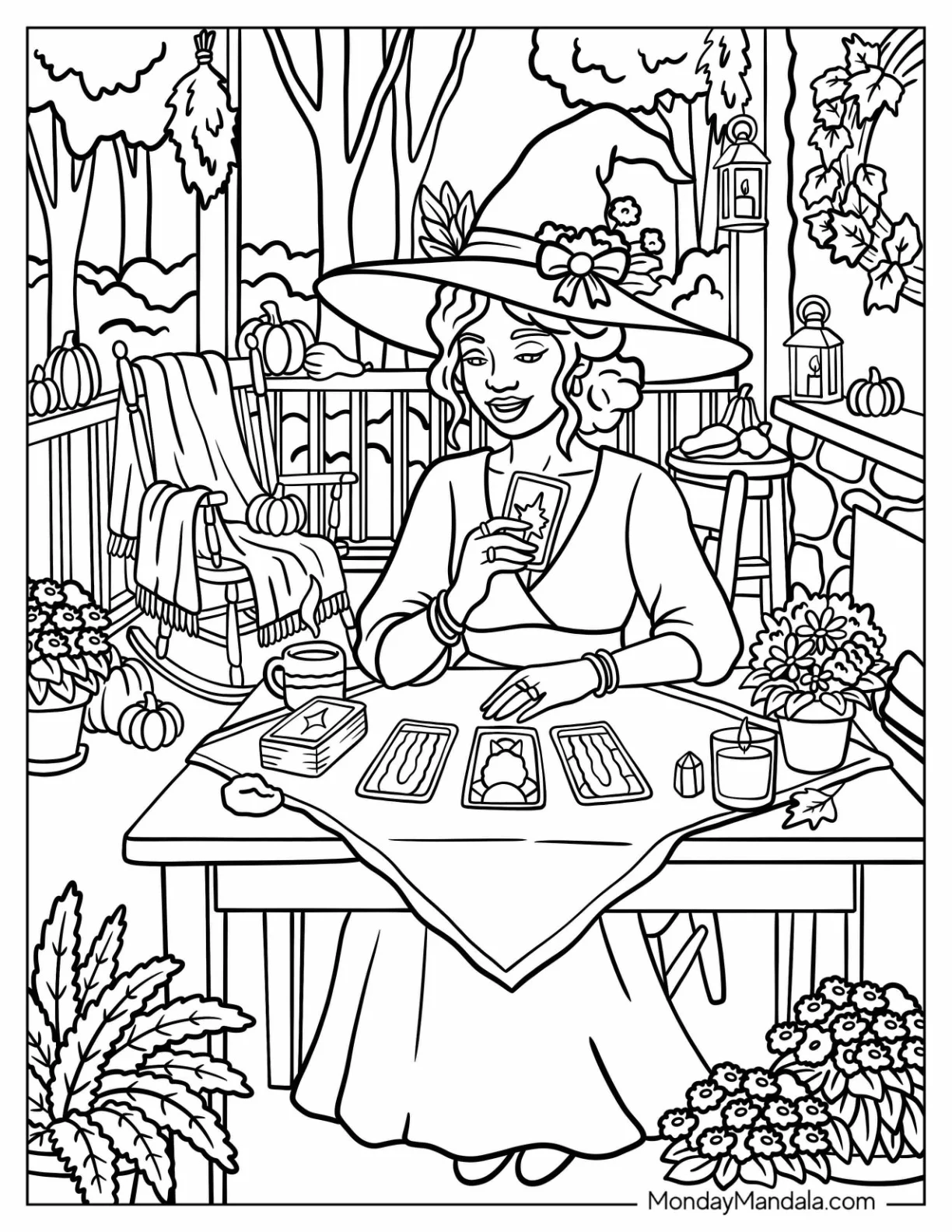 Witch Reading Tarot Cards Coloring Page coloring page — printable line art