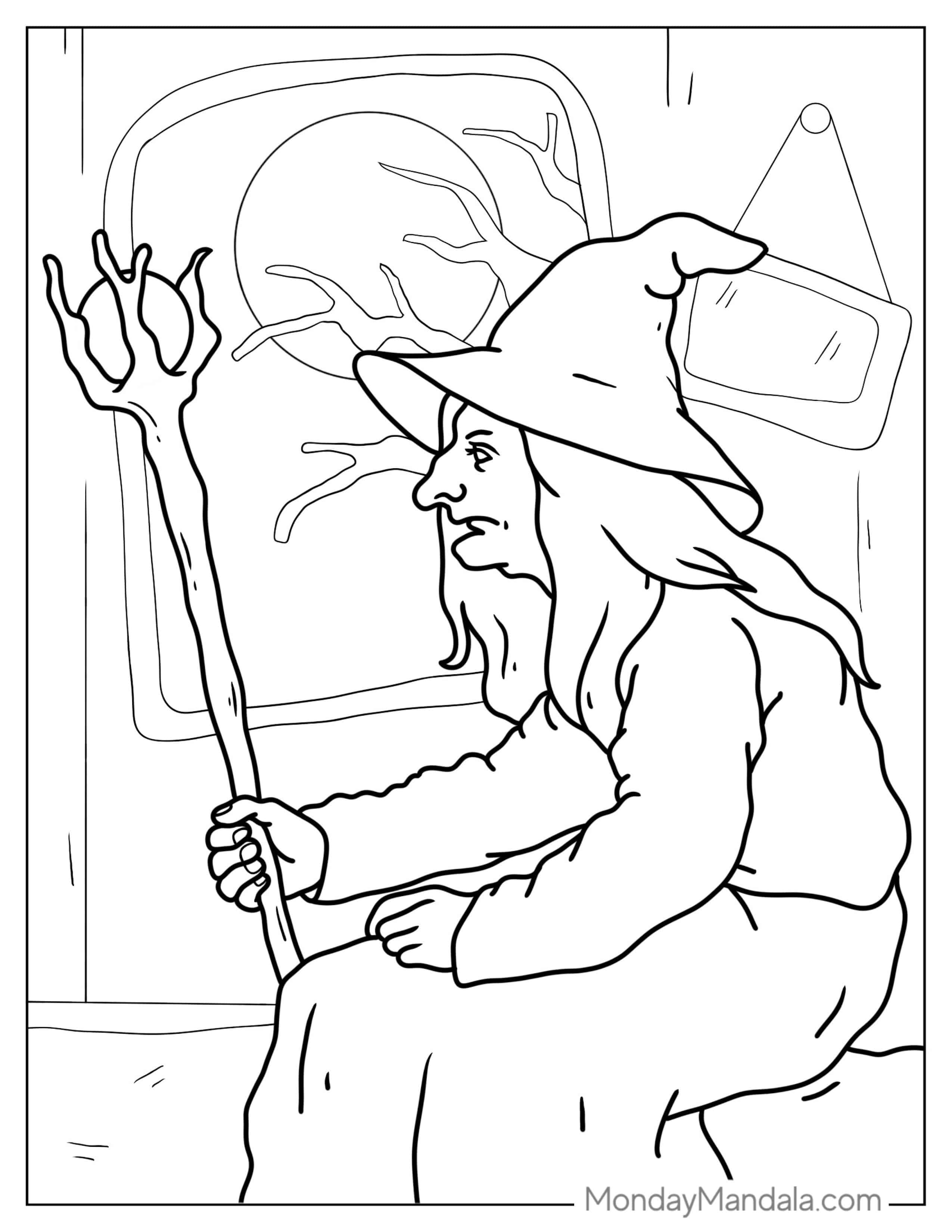 Witch Sitting With Staff Coloring Page coloring page