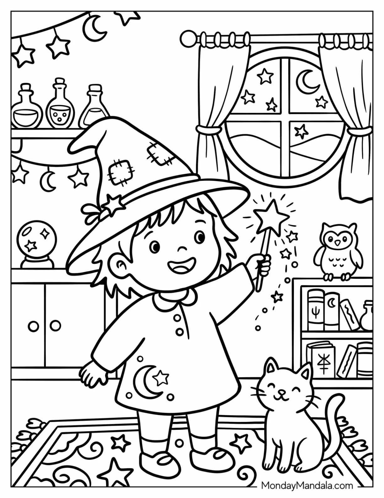 Witch Waving a Wand in Her Bedroom Coloring Page for Kids coloring page — printable line art
