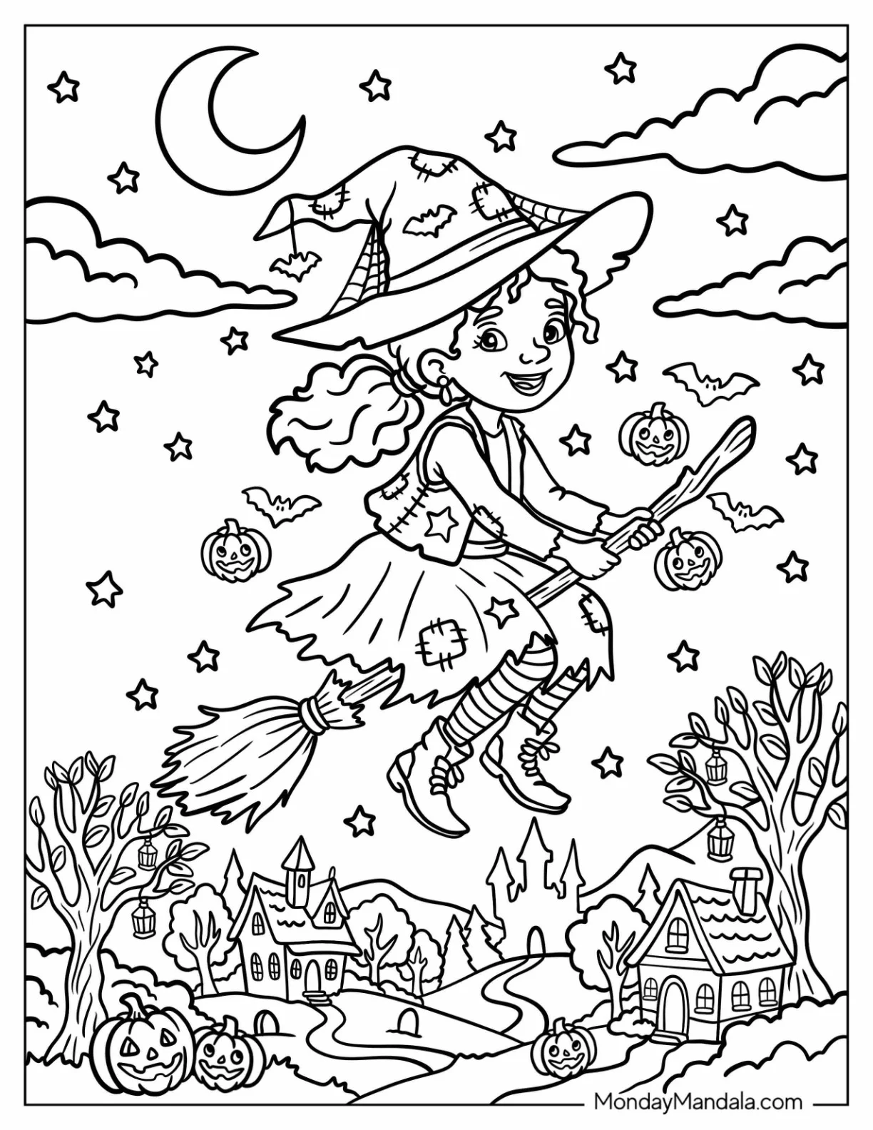 Witch with Patchwork Hat and Dress Flying on a Broom Coloring Sheet coloring page