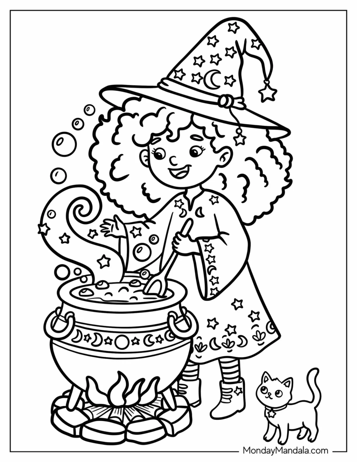 Witch with Starry Hat and Dress Casting a Spell Coloring Sheet coloring page