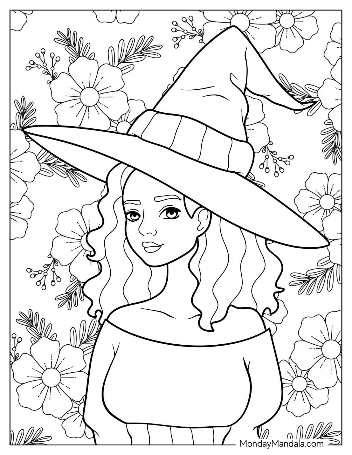 Woman With Curly Hair Wearing Large Witch's Hat coloring page — printable line art