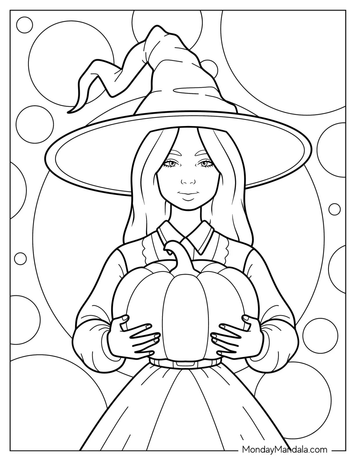 Young Witch Coloring Page Holding A Pumpkin coloring page — printable line art