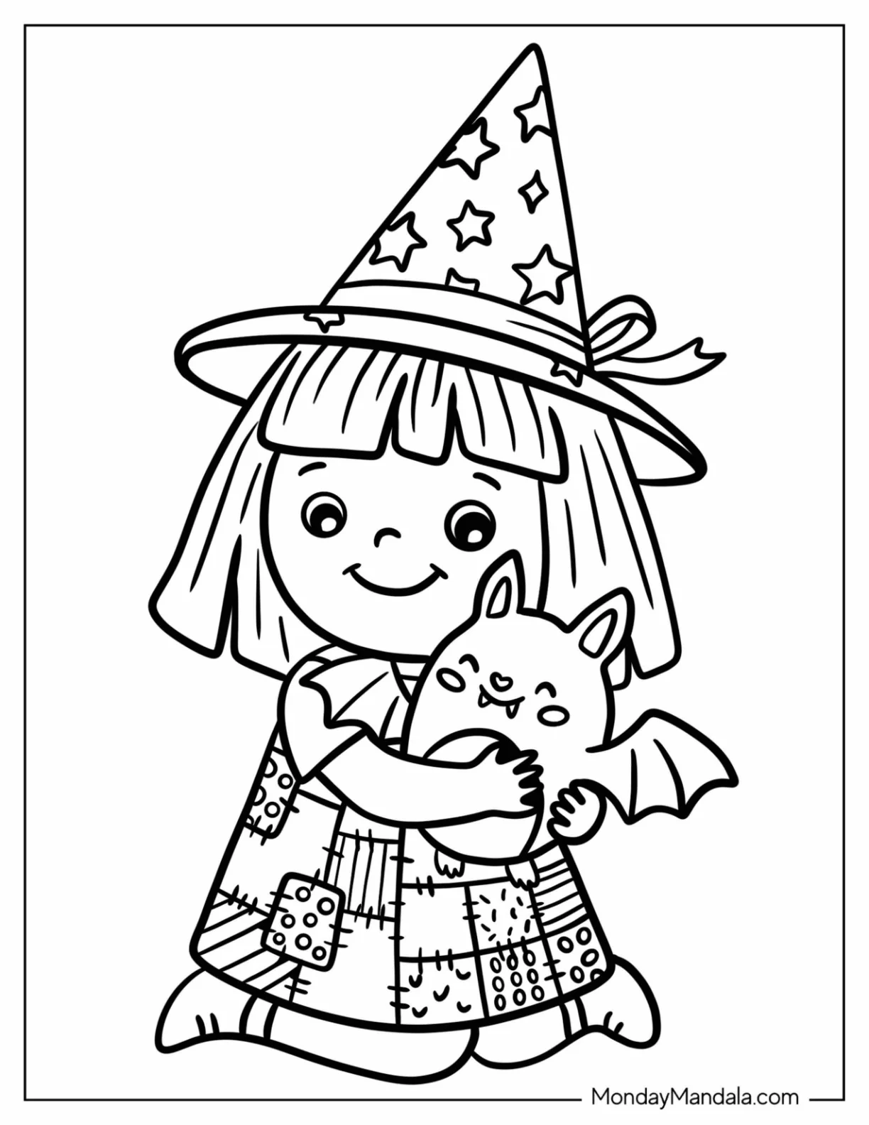 Young Witch Hugging a Cute Bat Coloring Page for Kids coloring page