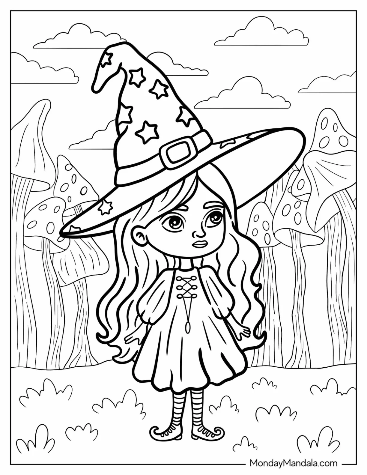 Adorable Girl Wizard Coloring Page Surrounded By Giant Mushrooms For Kids coloring page — printable line art