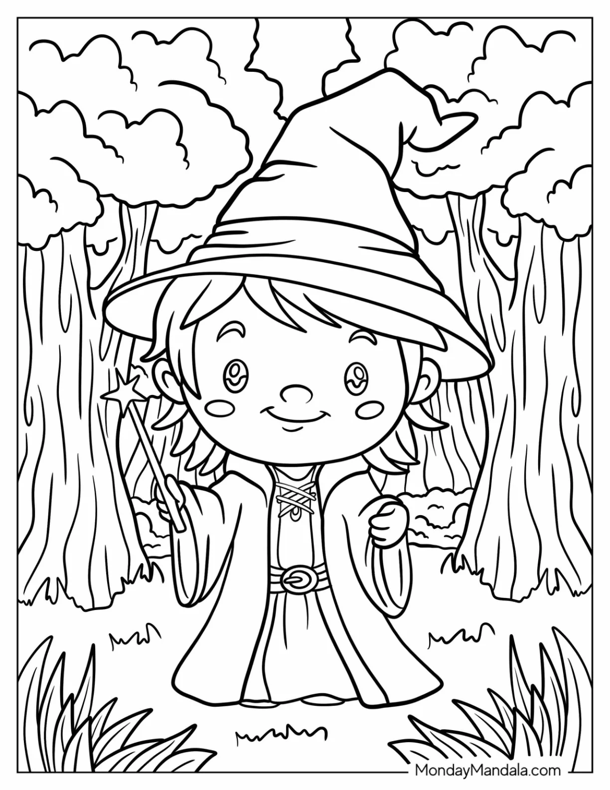 Boy Wizard Coloring Page With A Cute Star Wand For Preschoolers coloring page — printable line art