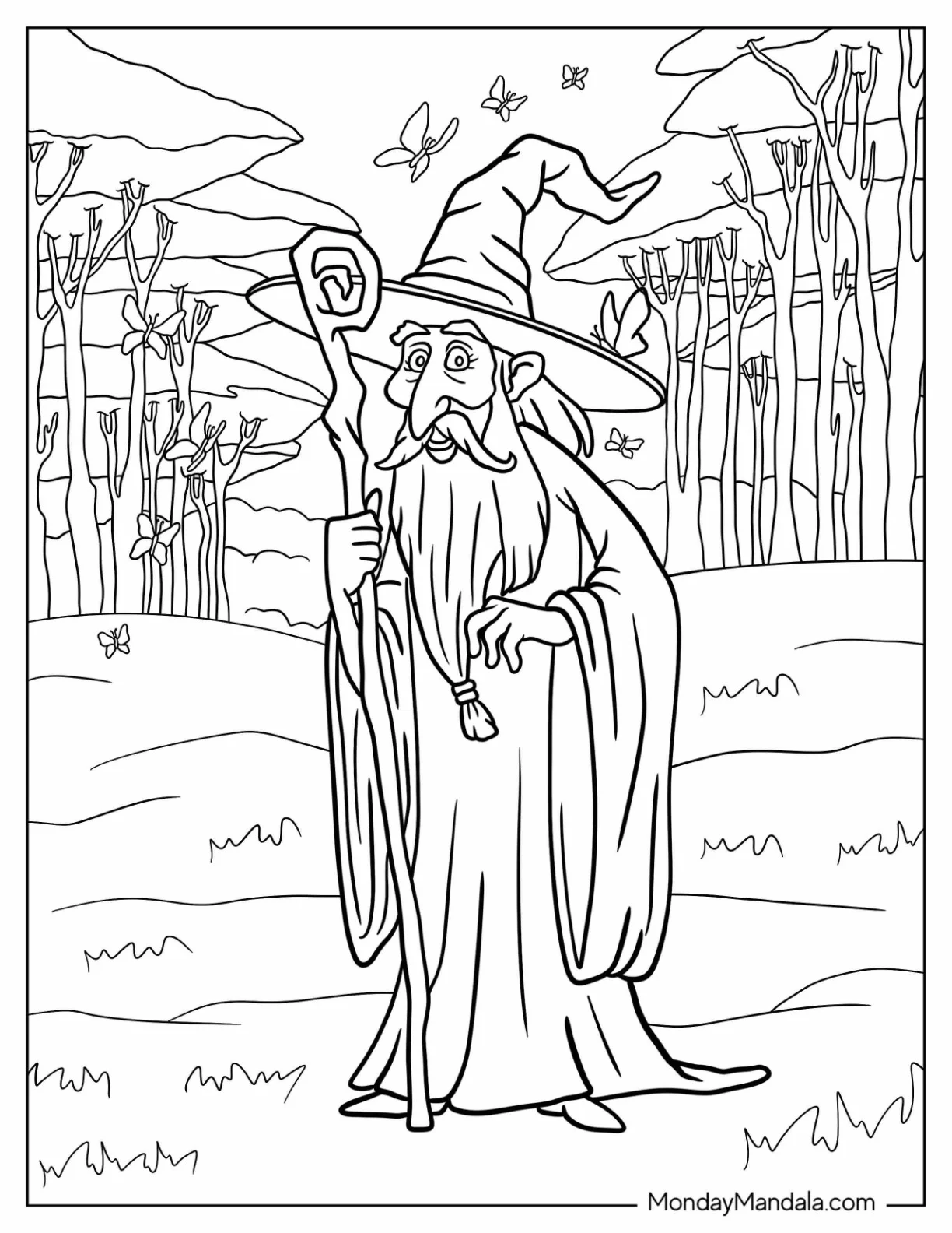 Cartoon Wizard Coloring Page With A Long Beard For Kids coloring page — printable line art
