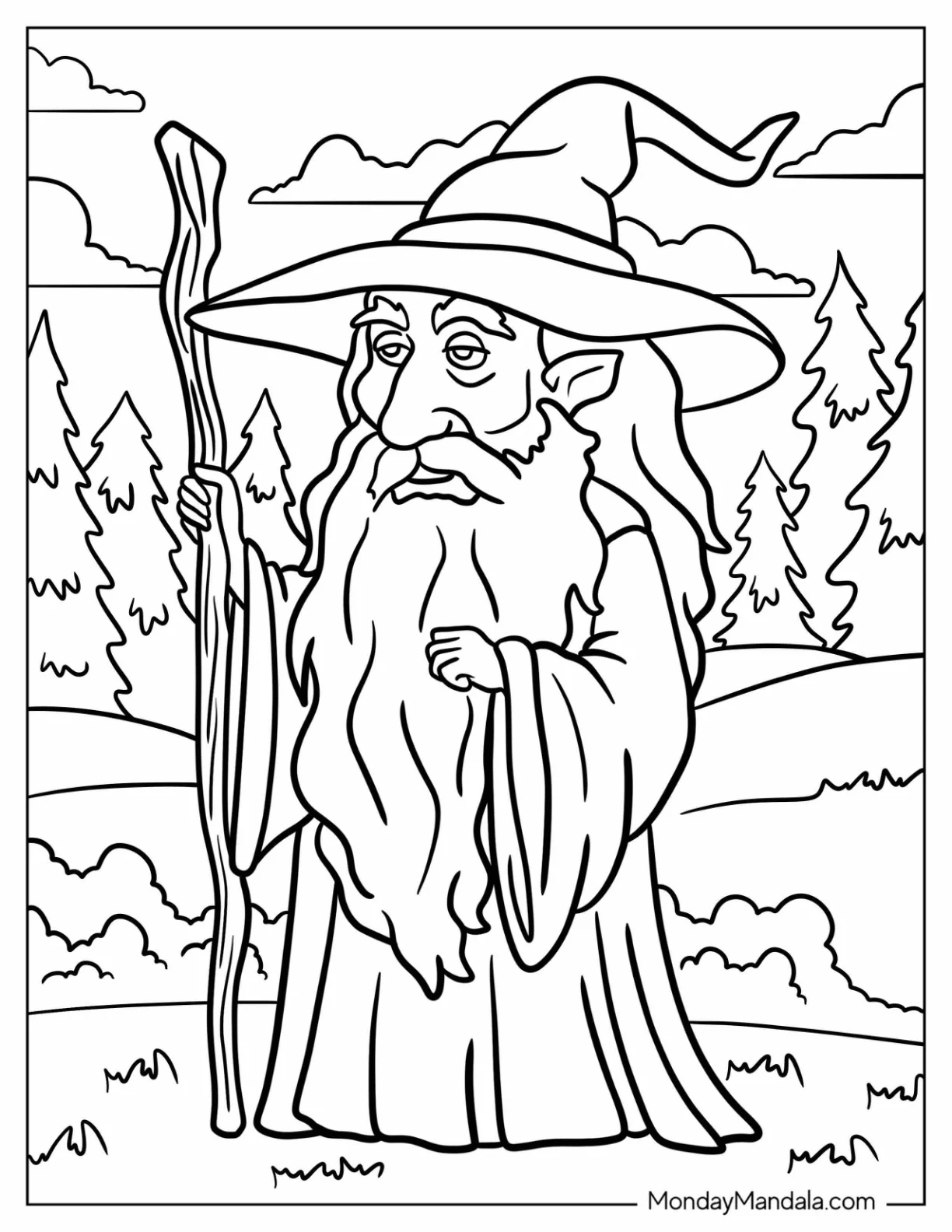 Chibi Wizard Coloring Page With Magical Staff Standing On A Hill coloring page