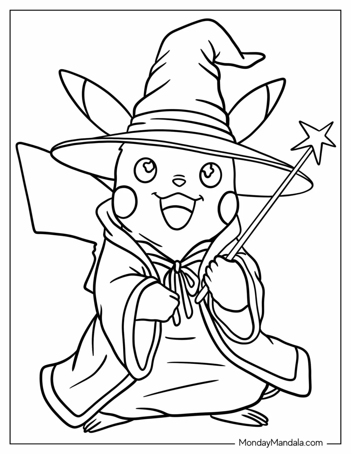 Cute Wizard Coloring Page Pikachu Holding A Wand For Kids coloring page — printable line art