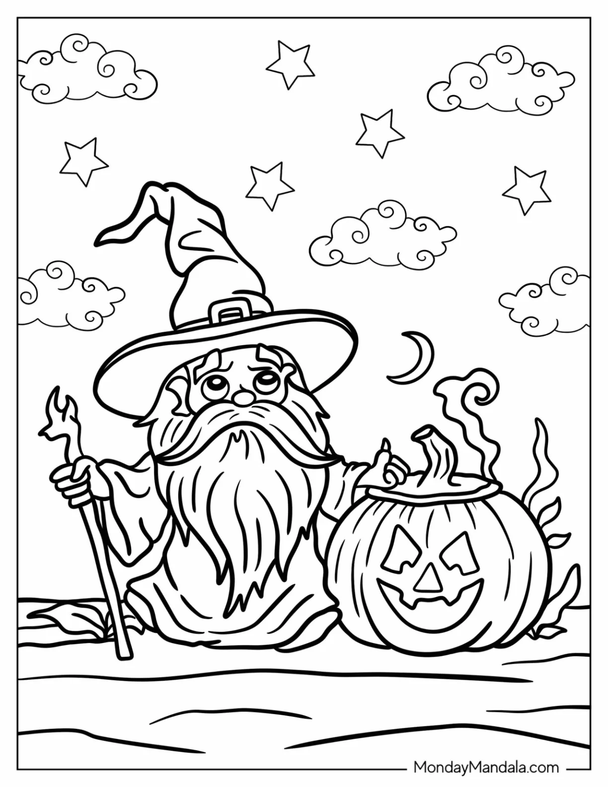 Cute Wizard Coloring Page Standing Next To Jack O Lantern For Preschoolers coloring page