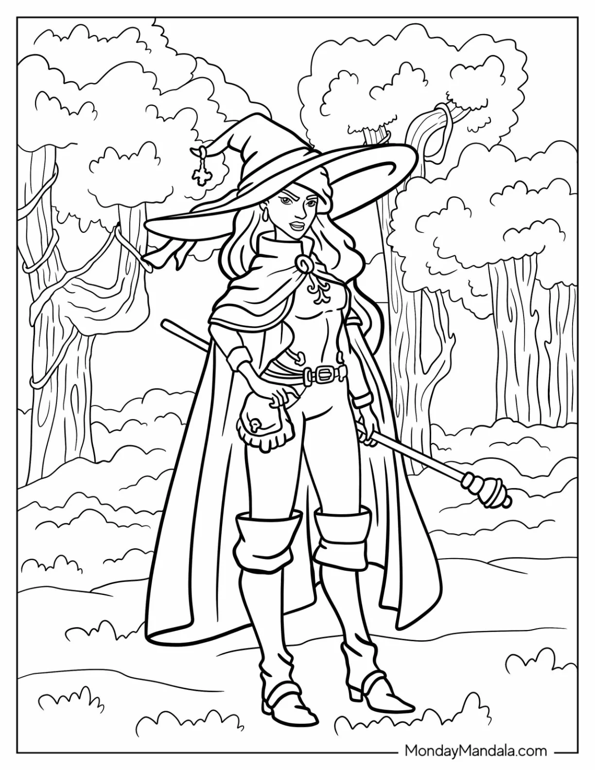 Female Wizard Coloring Page Carrying A Magical Staff coloring page — printable line art