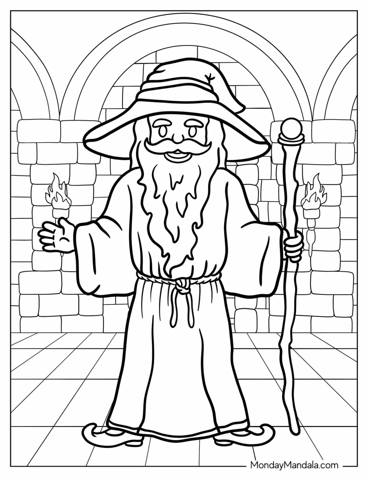 Friendly Wizard Coloring Page Standing In A Dungeon For Kids coloring page — printable line art