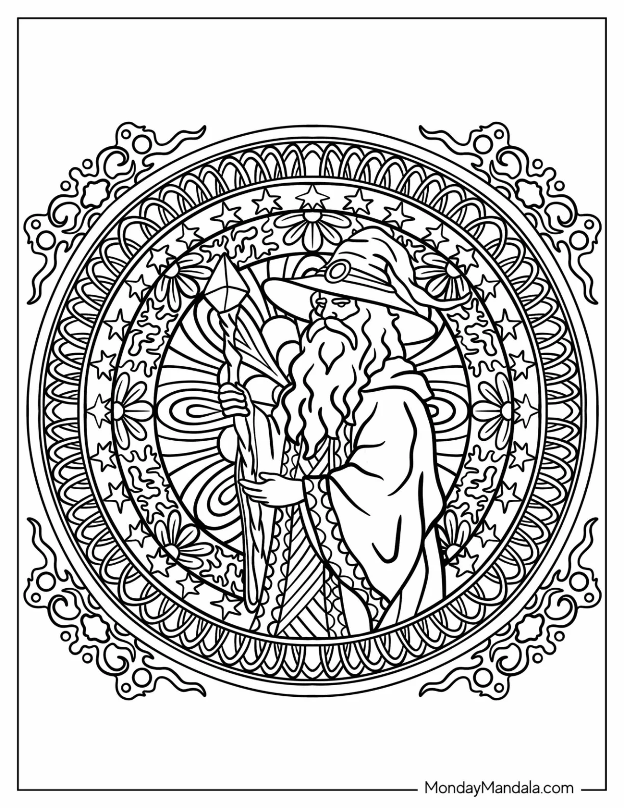 Intricate Mandala With Wizard Coloring Page At The Center coloring page