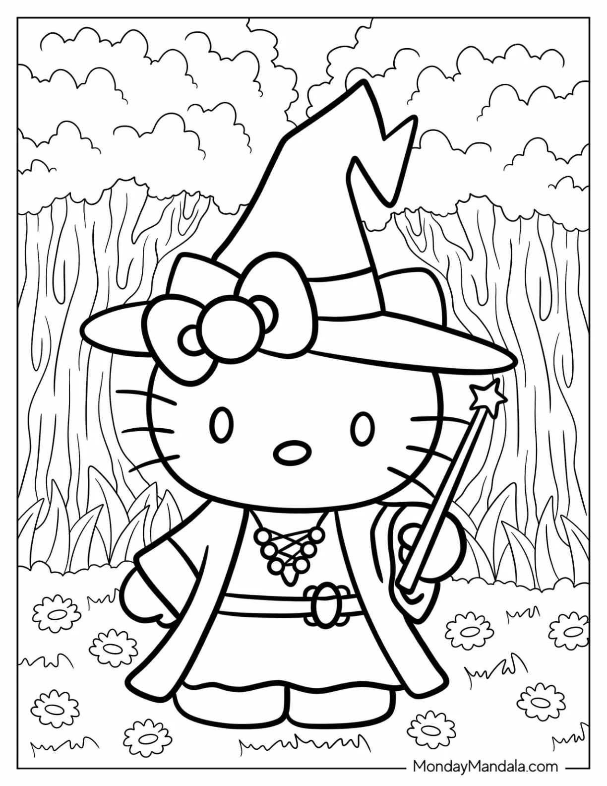 Kawaii Wizard Coloring Page Hello Kitty Holding A Wand For Kids coloring page — printable line art