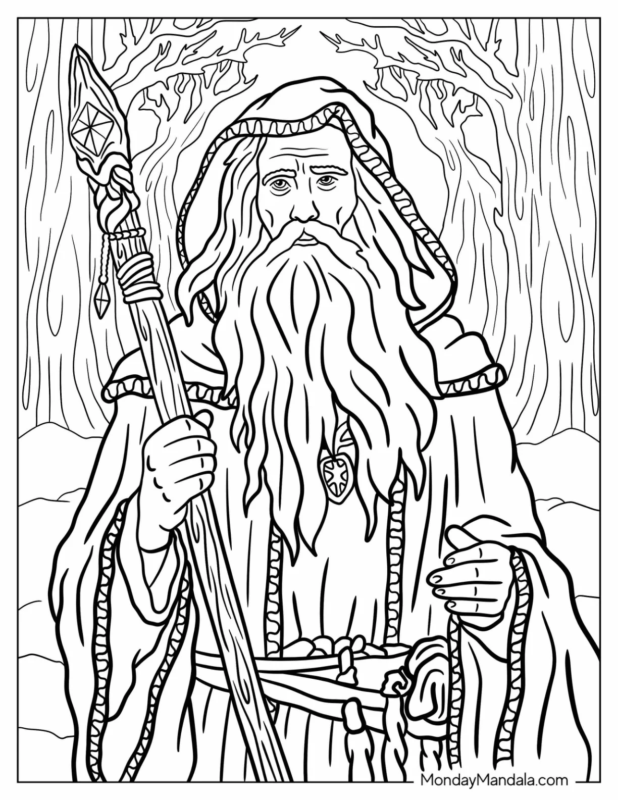 Old Wizard Coloring Page Carrying A Magical Staff In The Forest coloring page