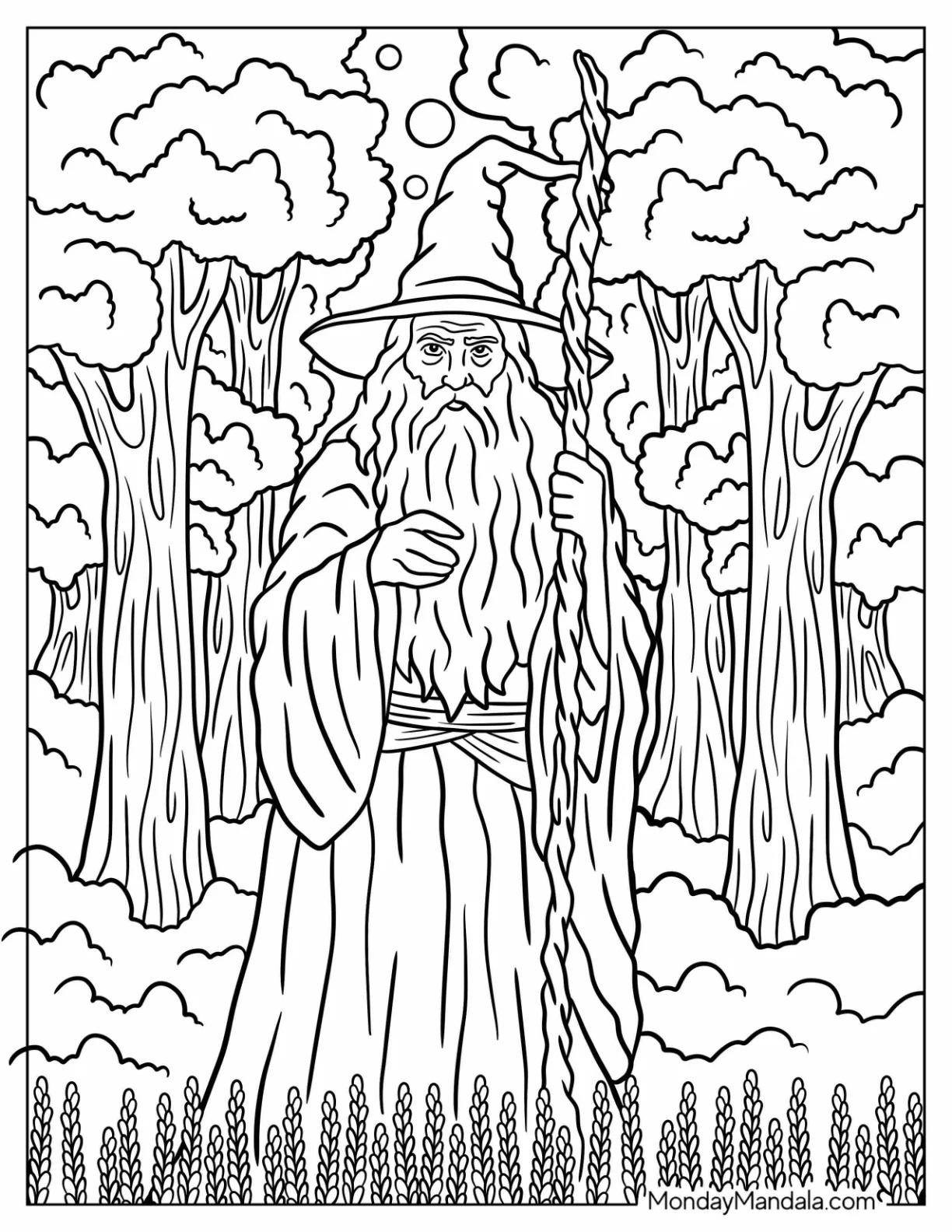 Powerful Wizard Coloring Page In A Magical Forest At Night coloring page