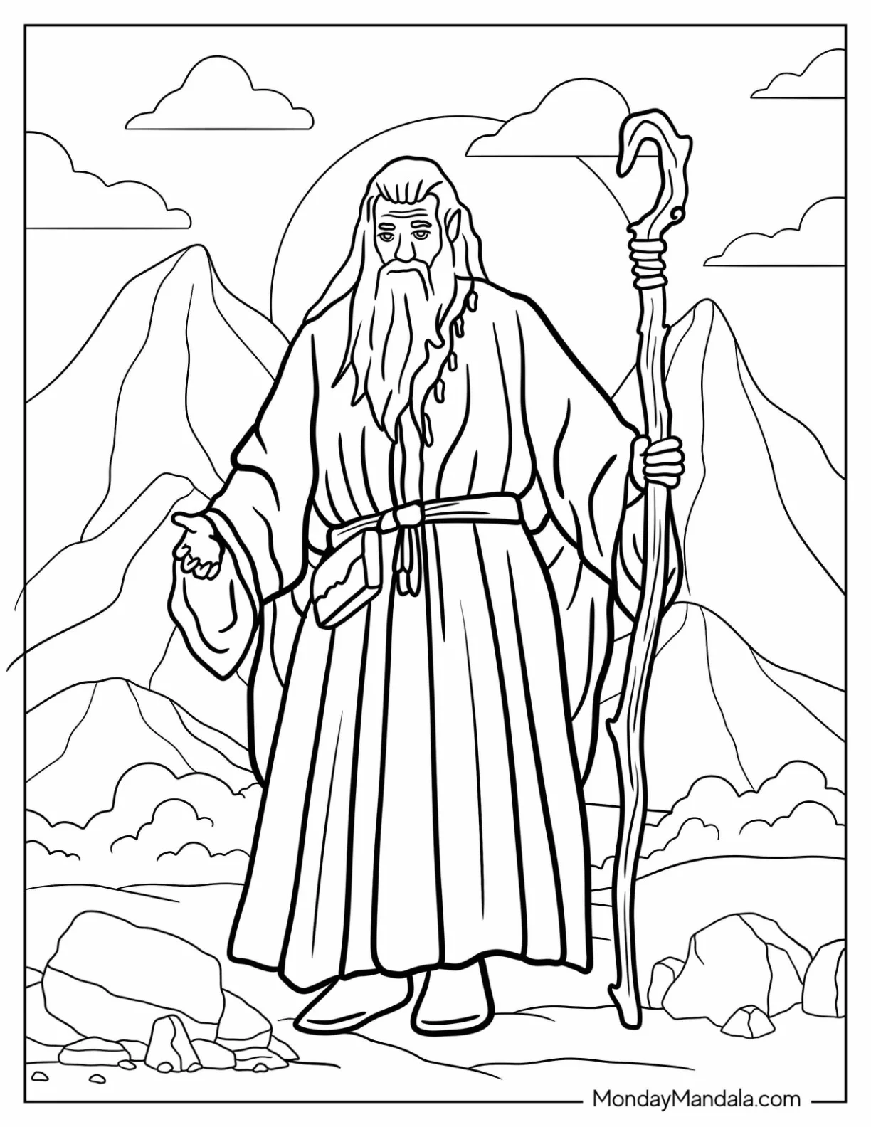 Realistic Wizard Coloring Page With Long Robes Standing In The Mountains coloring page