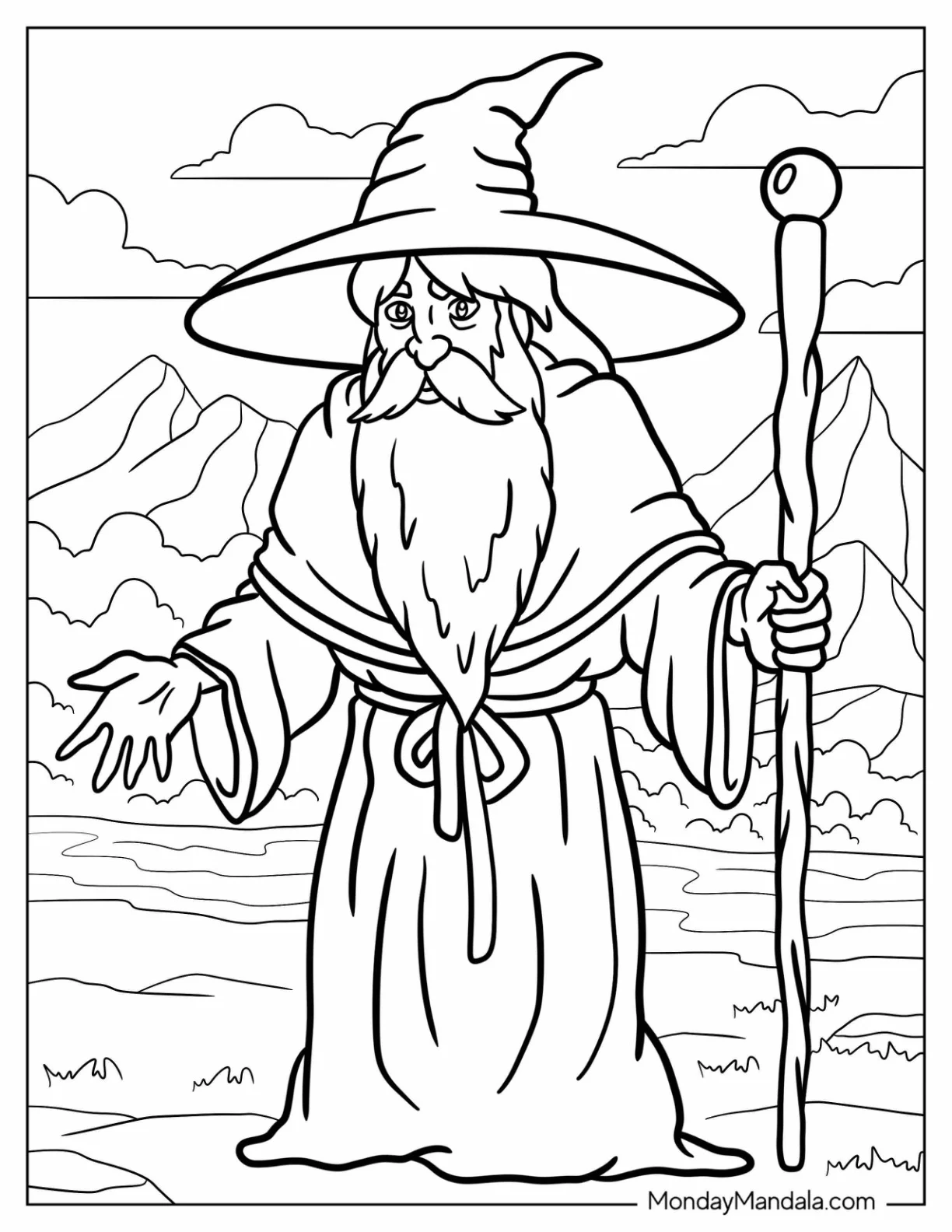 Travelling Wizard Coloring Page With Long Beard And Robes coloring page — printable line art