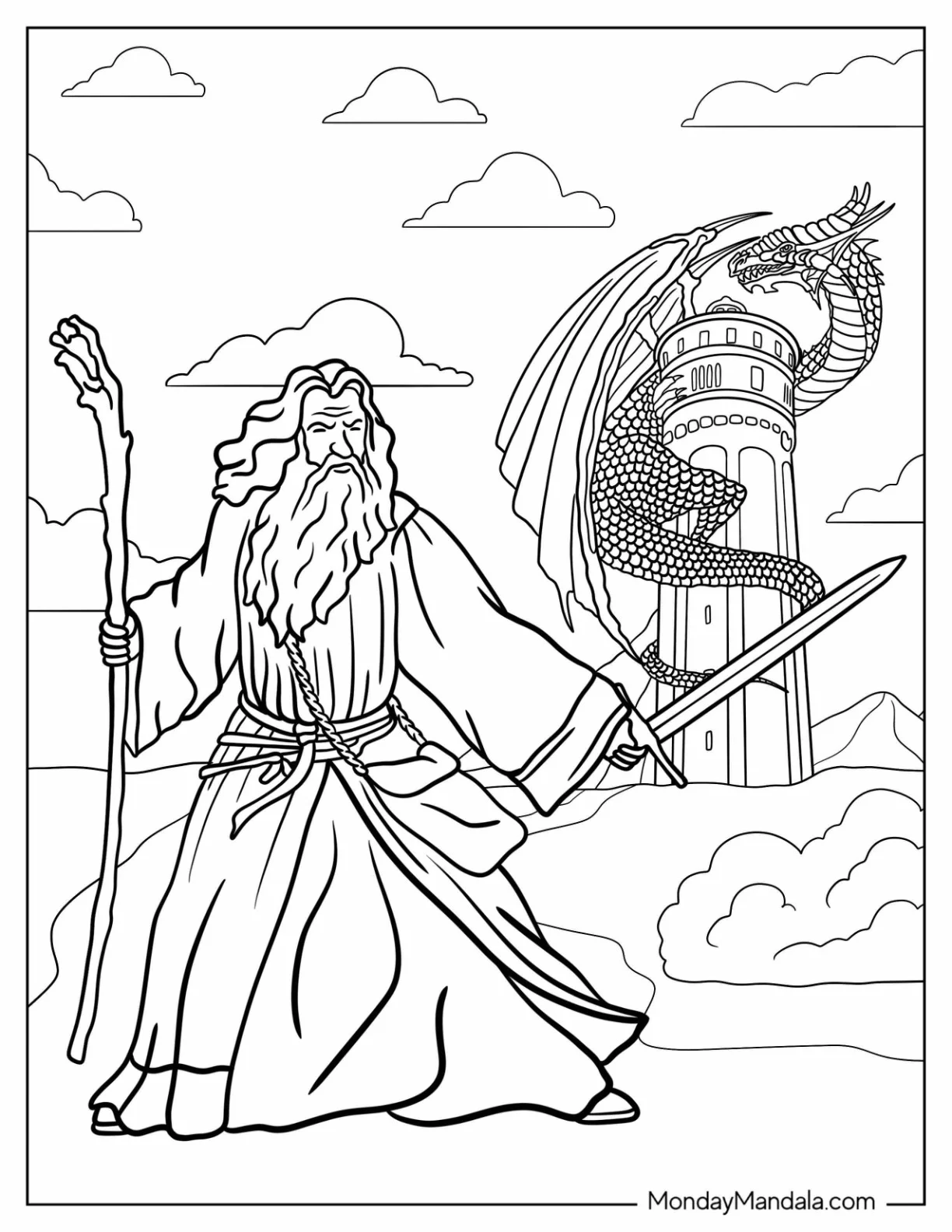 Wizard Coloring Page Holding A Staff And Sword To Defend A Castle coloring page