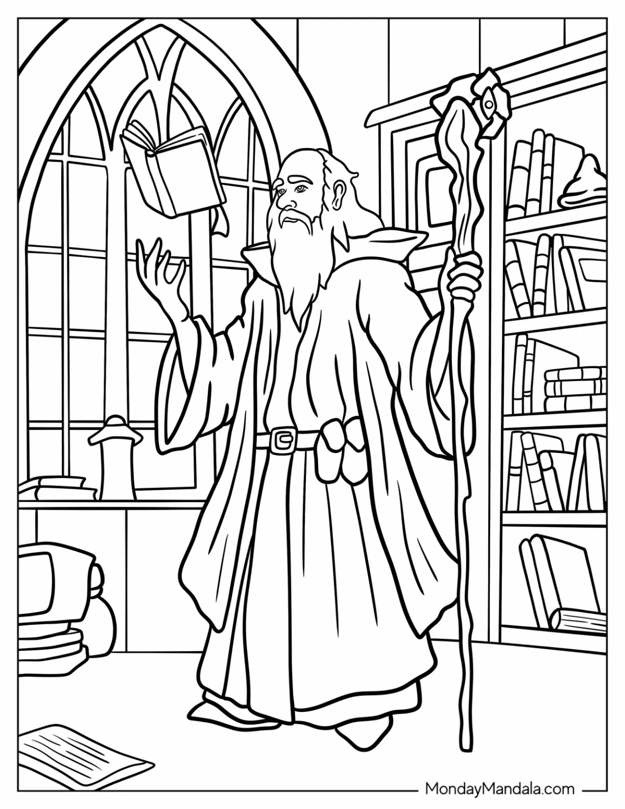Wizard Coloring Page In A Library Making A Book Levitate coloring page — printable line art