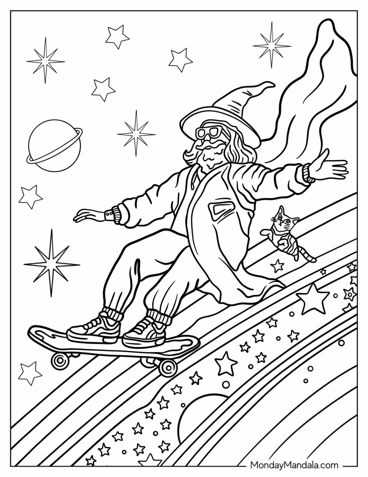 Wizard Coloring Page Skateboarding Down Rainbow With Can coloring page