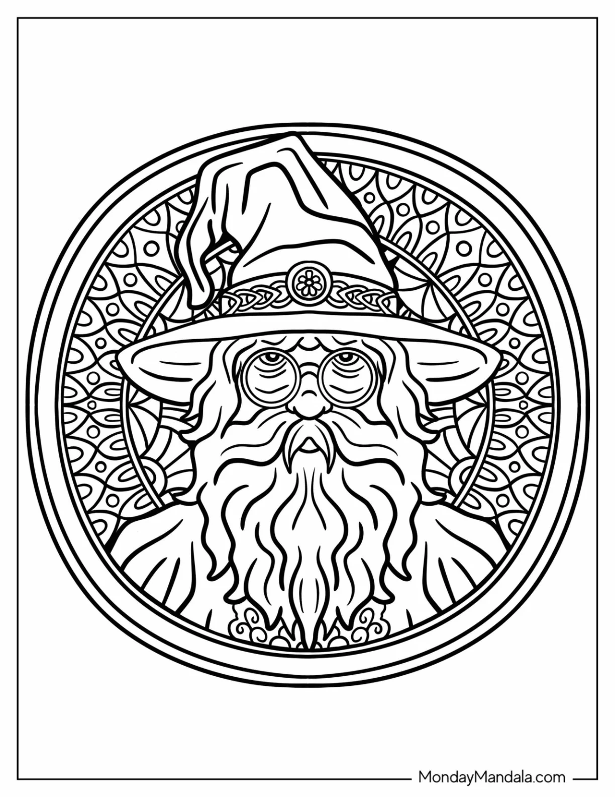 Wizard Coloring Page With Round Spectacles Inside A Mandala coloring page — printable line art