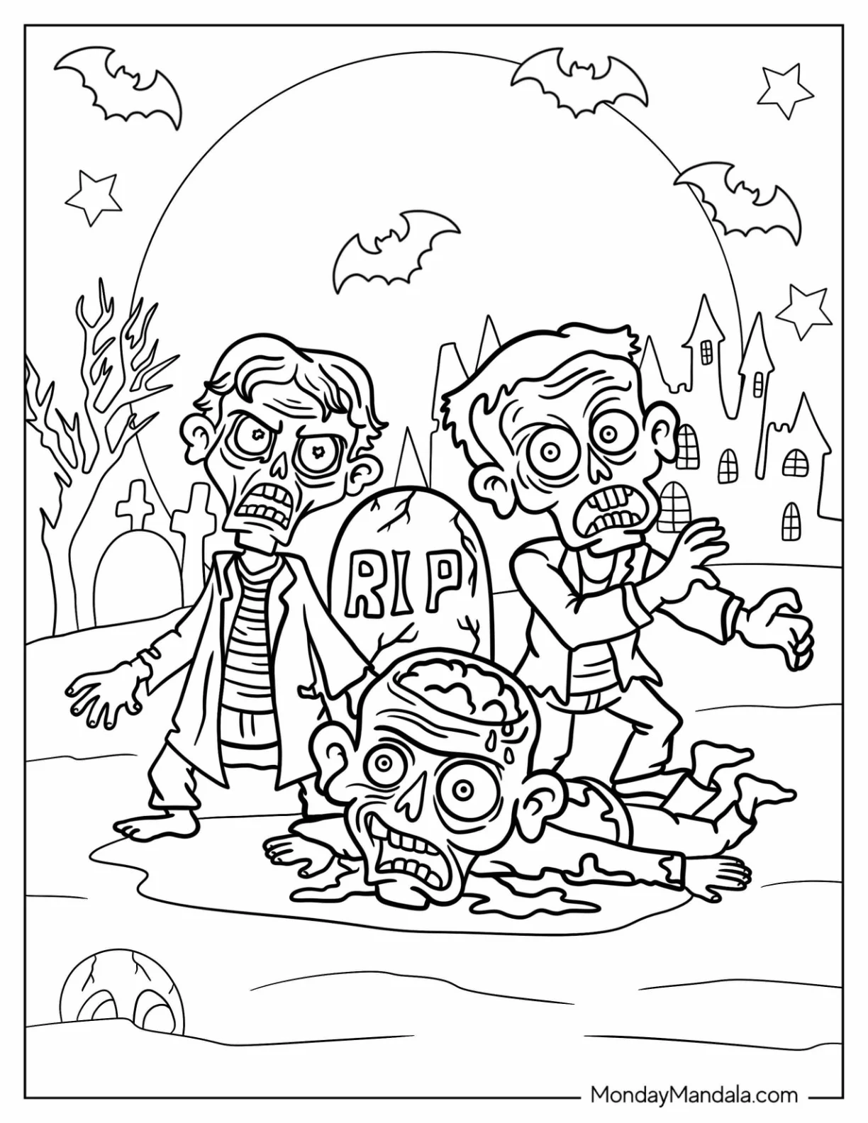 Angry Zombie Coloring Page With Haunted Castle In The Background coloring page