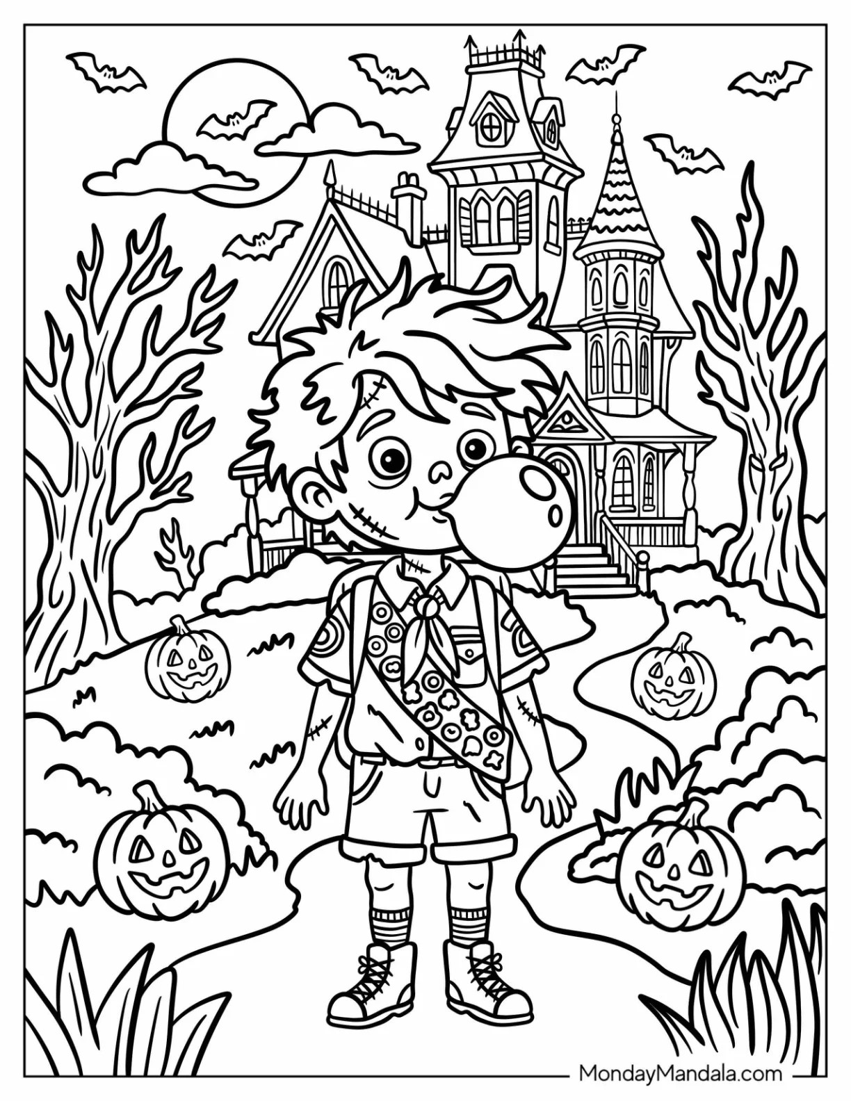 Boys Scout Zombie Blowing a Bubble Gum Coloring Page coloring page