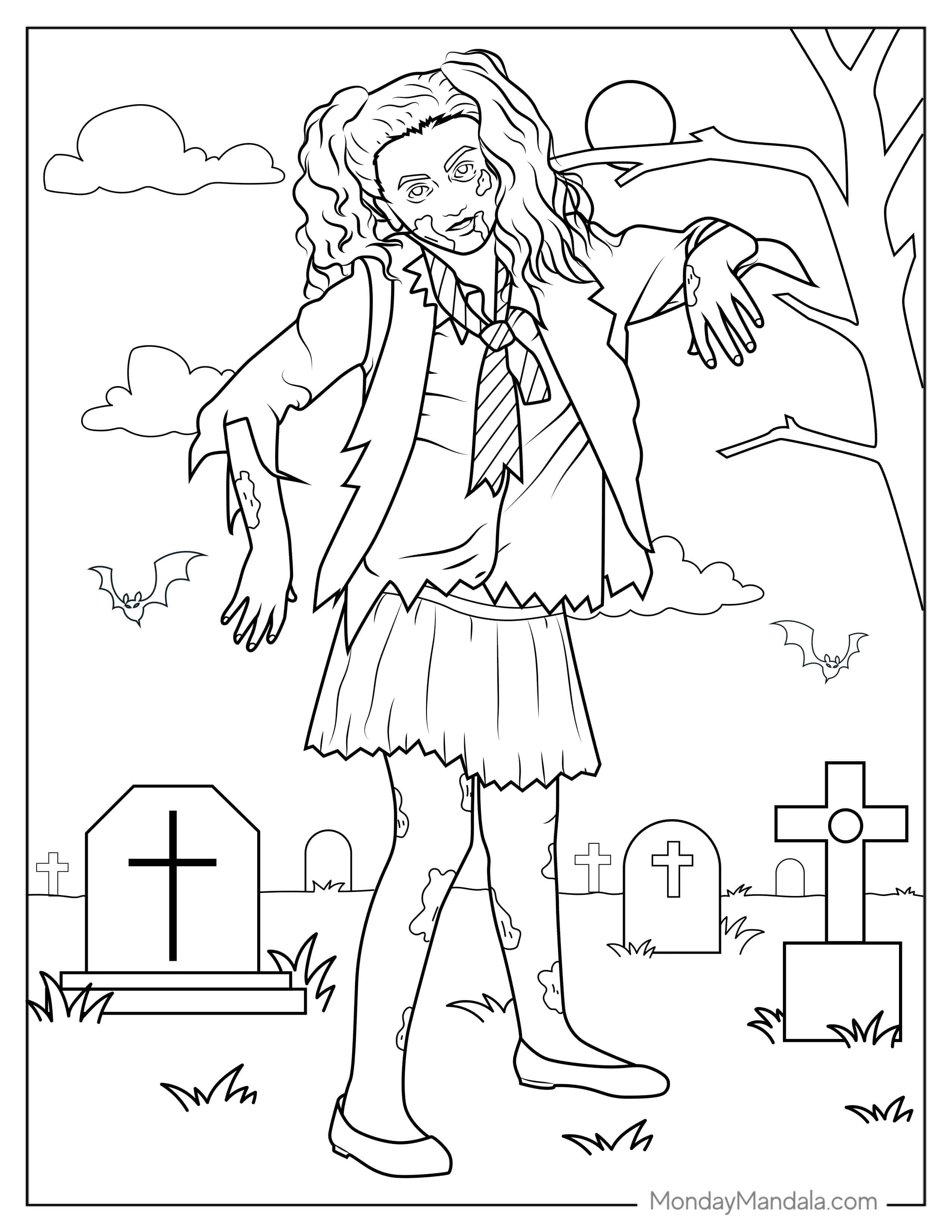 Brain Eating Girl Zombie Coloring Page coloring page