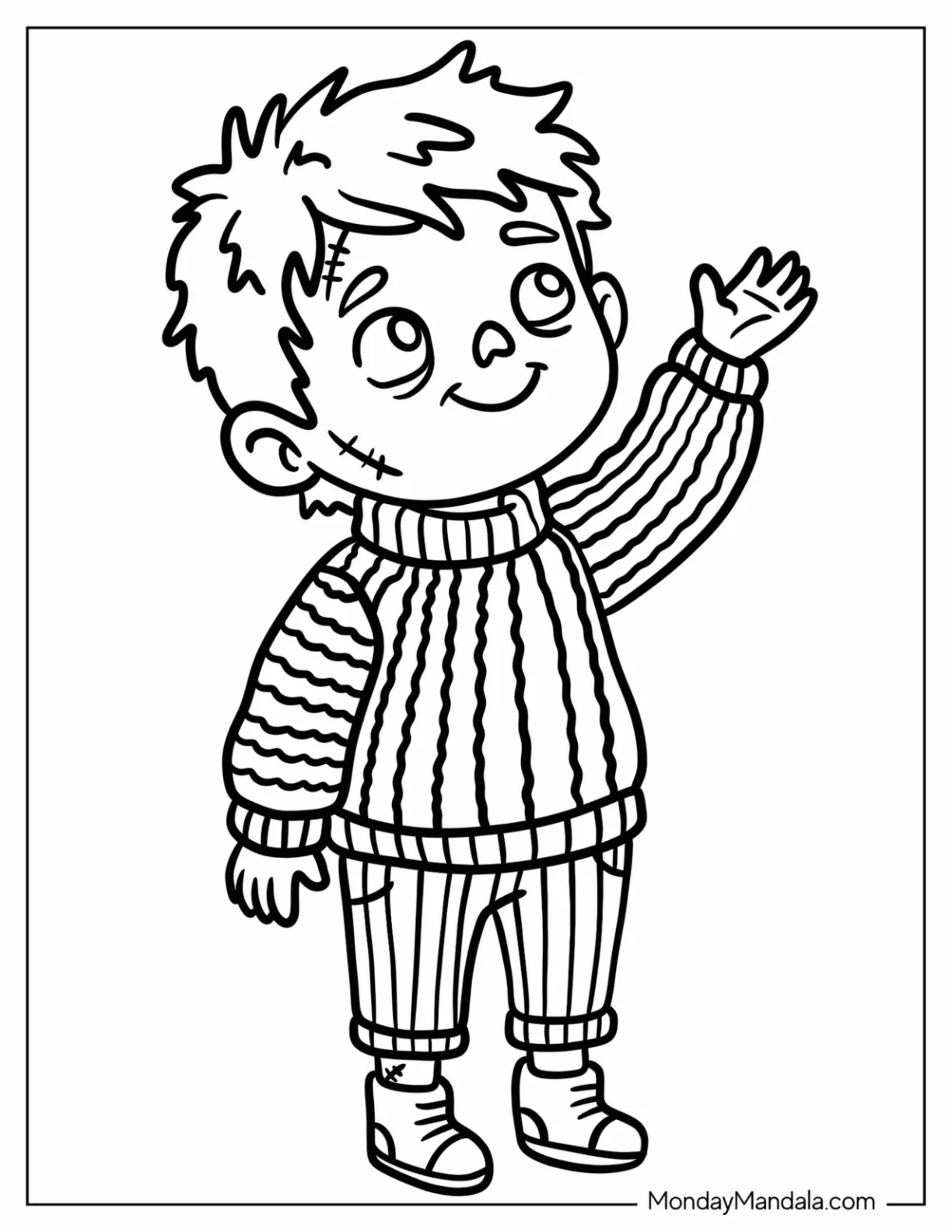Easy Zombie Boy in Striped Sweater and Pants Coloring Page for Kids coloring page