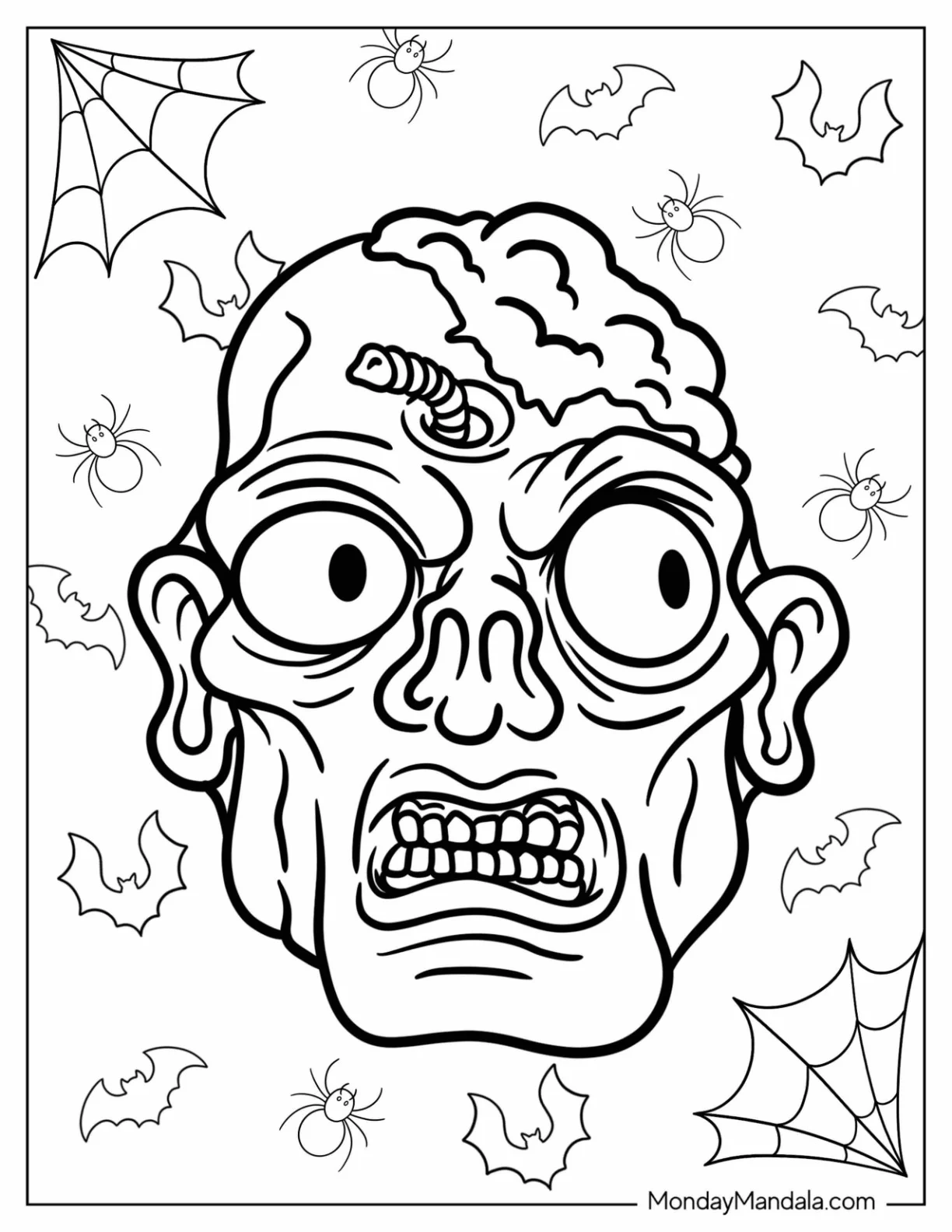 Frightening Zombie Coloring Page Of  With Worms coloring page — printable line art