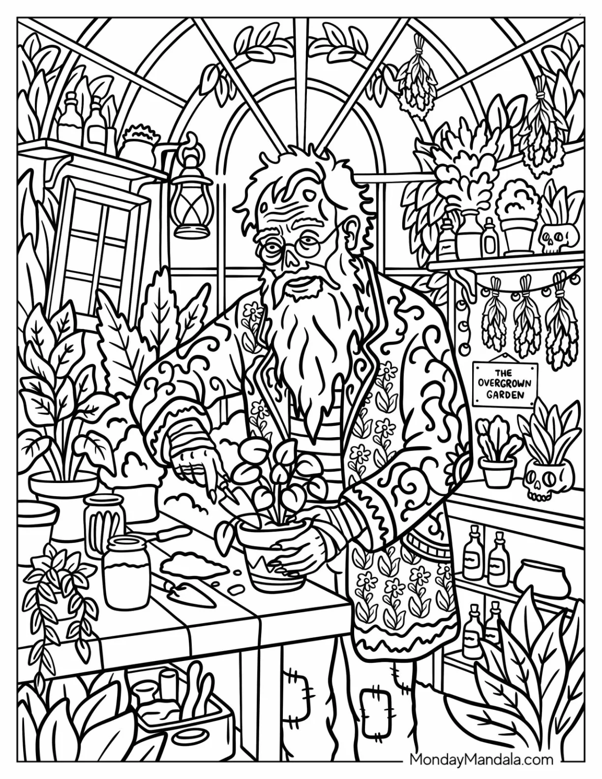 Grandpa Zombie Gardening Coloring Sheet coloring page