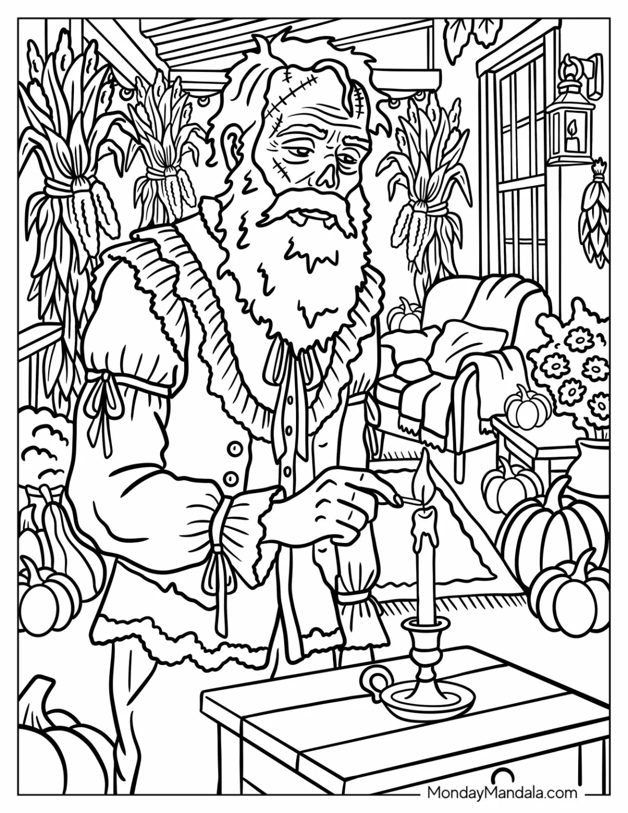 Grandpa Zombie Lighting a Candle Coloring Sheet coloring page — printable line art