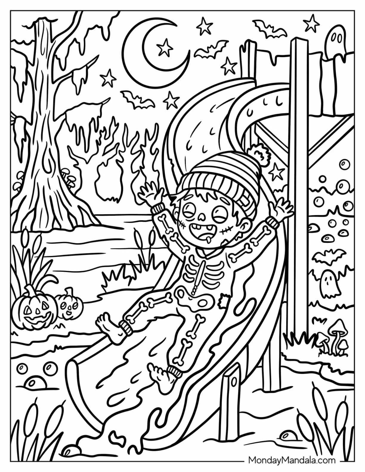 Happy Zombie Boy Going Down a Water Slide coloring page