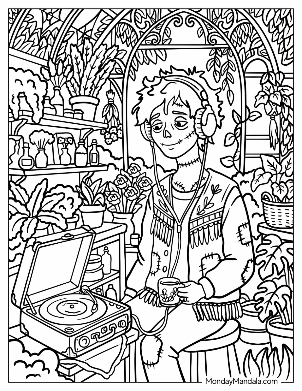 Hippie Zombie Listening to Music Coloring Page coloring page