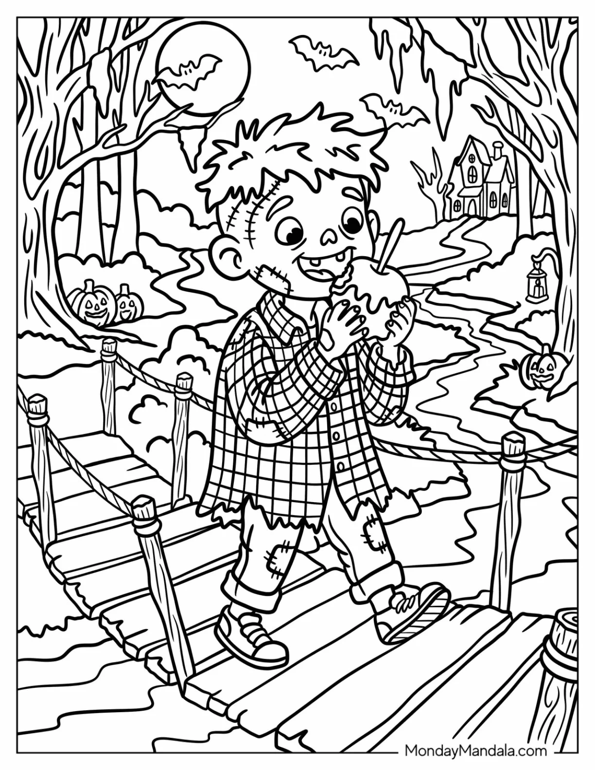 Hungry Zombie Boy Eating a Candy Apple Coloring Page coloring page