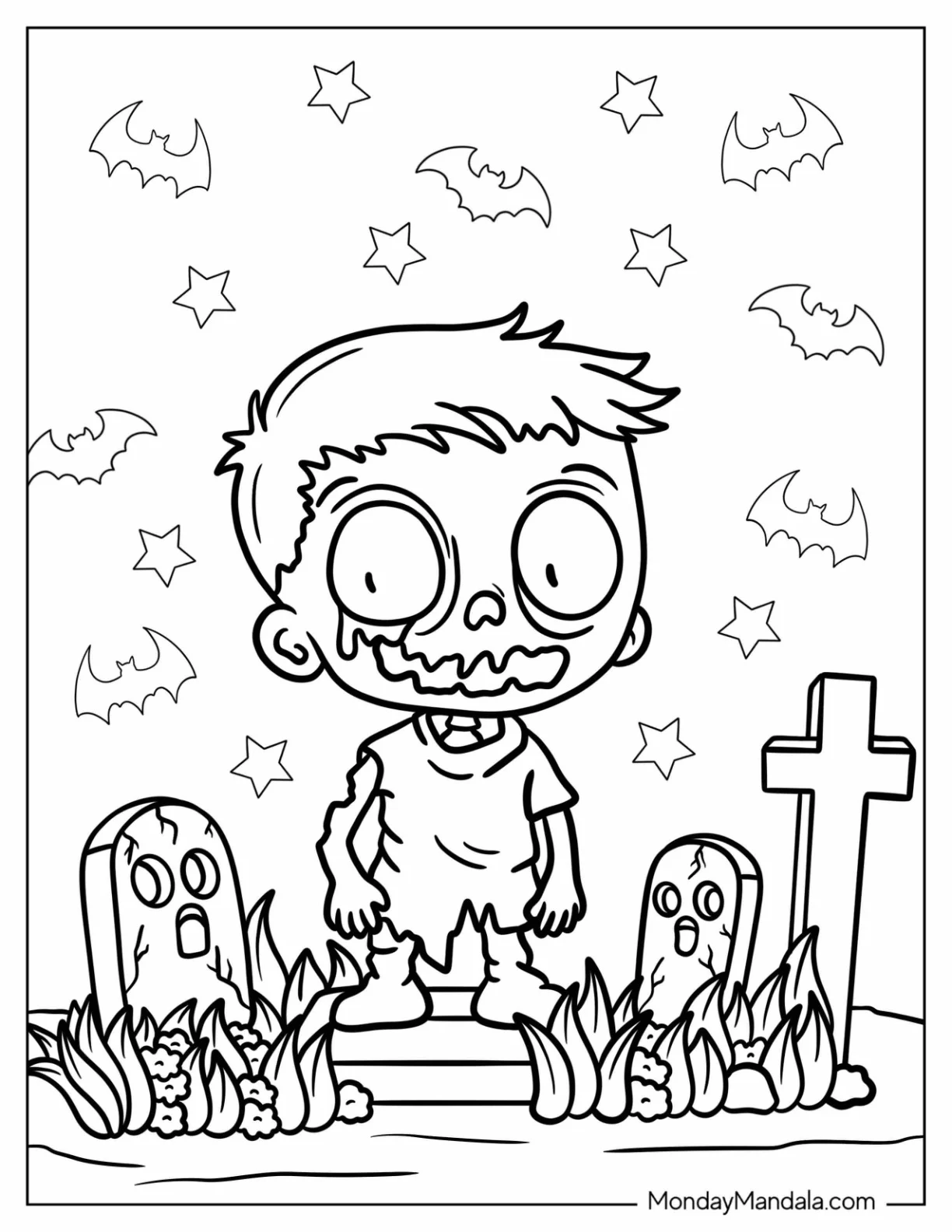 Kawaii Zombie Coloring Page Of Boy In The Graveyard For Kids coloring page