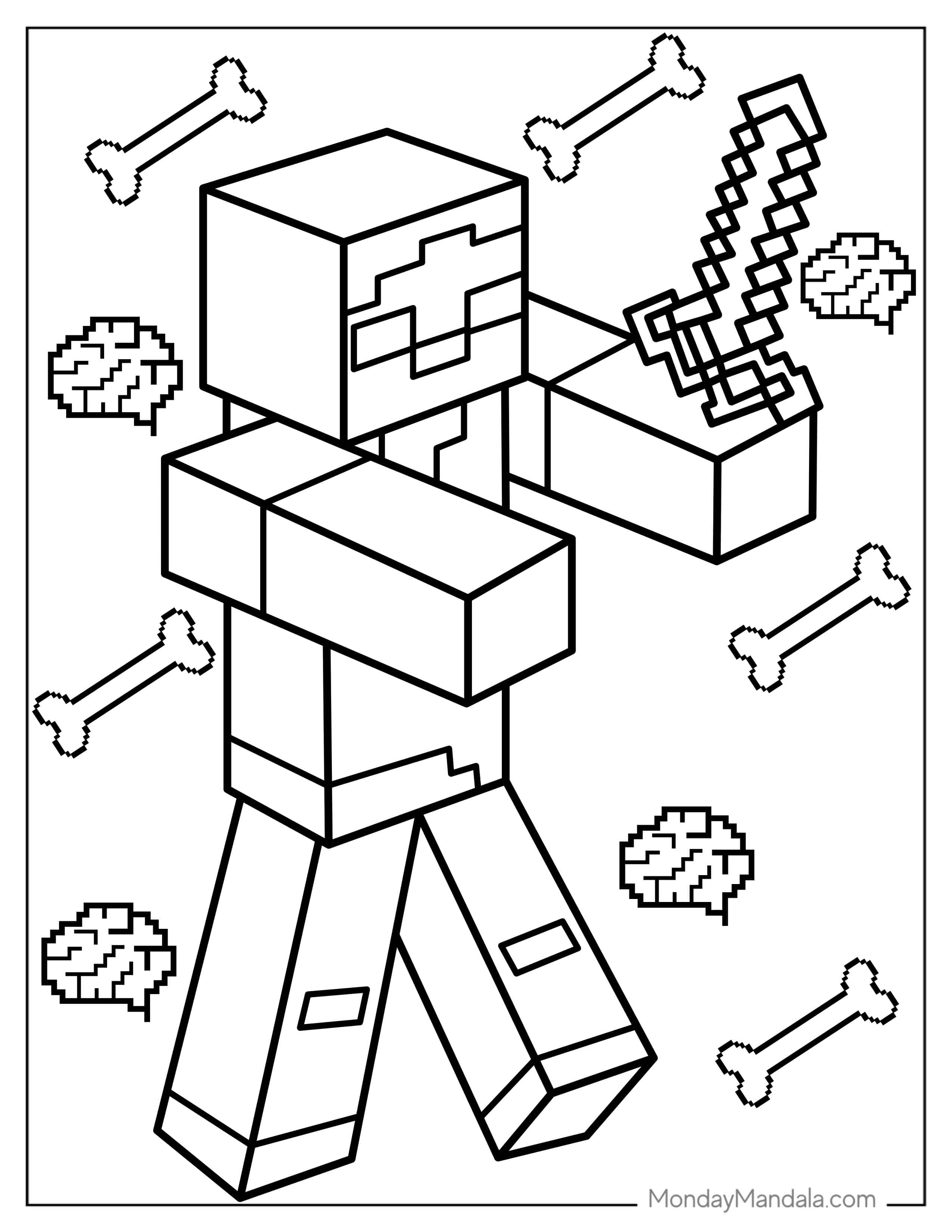 Minecraft Zombie With Brains Coloring Page coloring page — printable line art