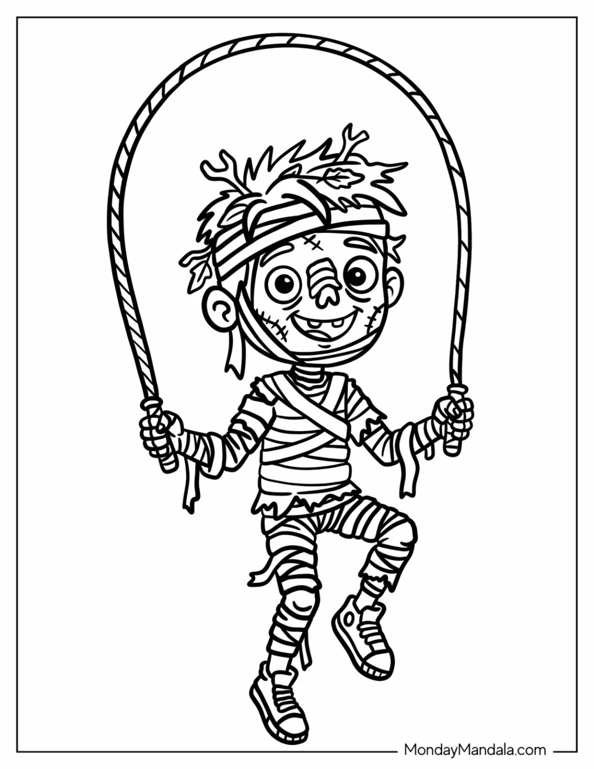 Playful Zombie Boy Jumping Rope Coloring Sheet for Kids coloring page